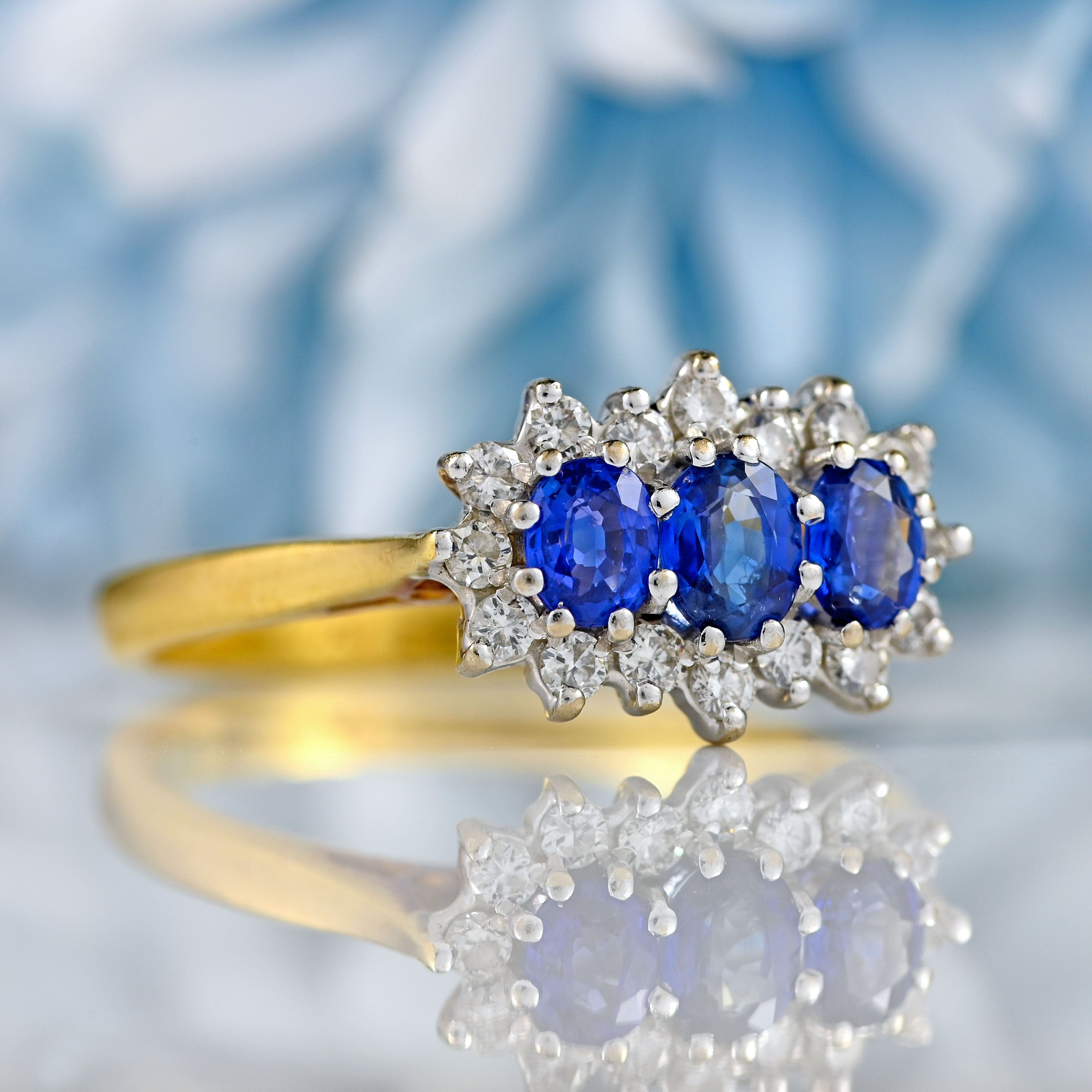 Ellibelle Jewellery Vintage 1990 Sapphire & Diamond 18ct Gold Triple-Cluster Ring