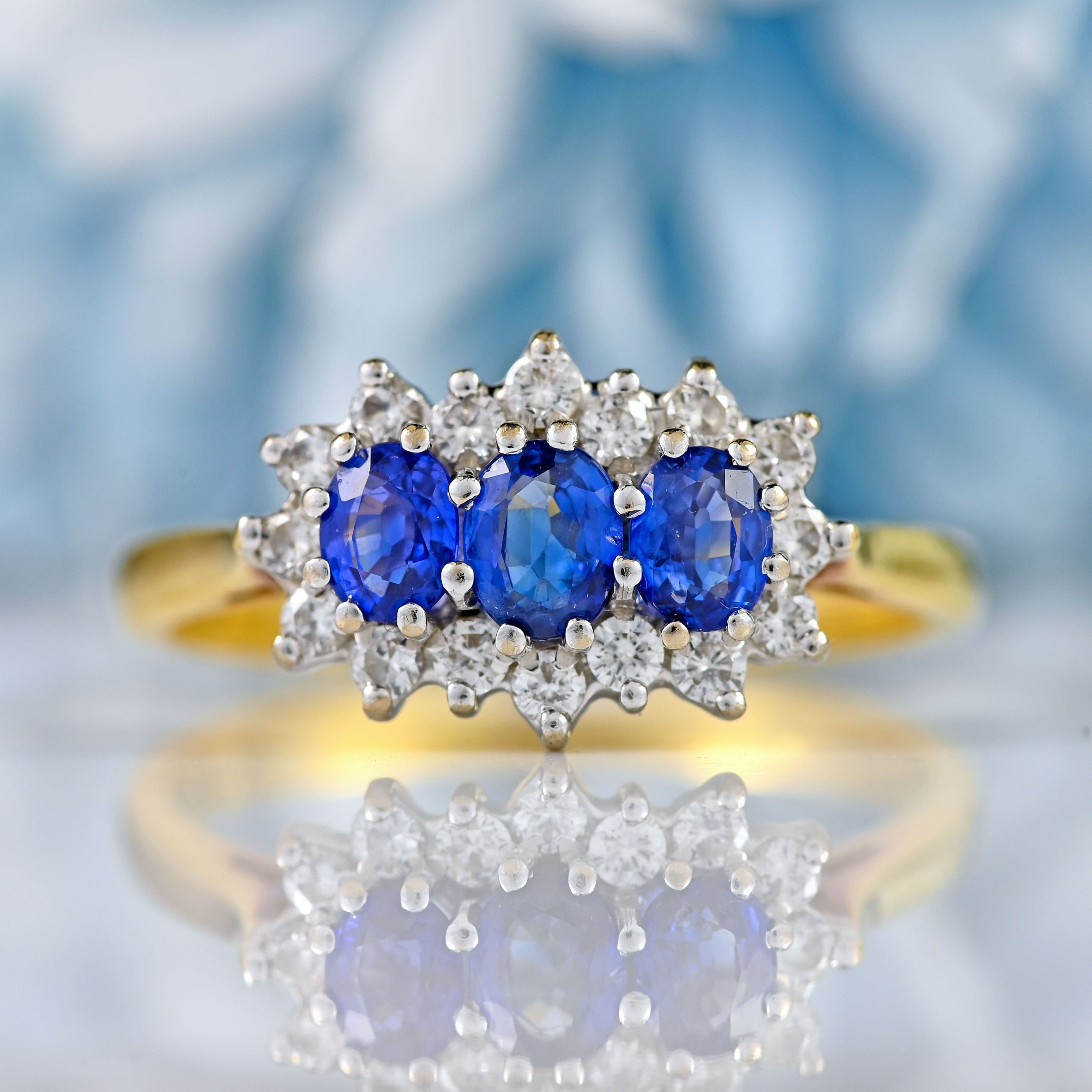 Ellibelle Jewellery Vintage 1990 Sapphire & Diamond 18ct Gold Triple-Cluster Ring