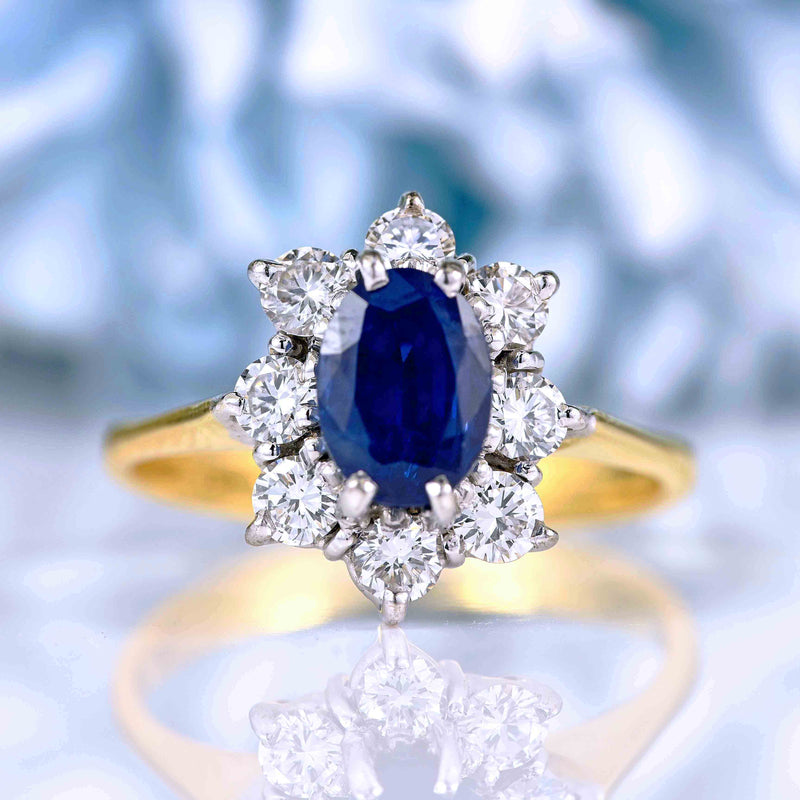 Ellibelle Jewellery Vintage 1990 Sapphire & Diamond Gold Cluster Engagement Ring (1.47ct)