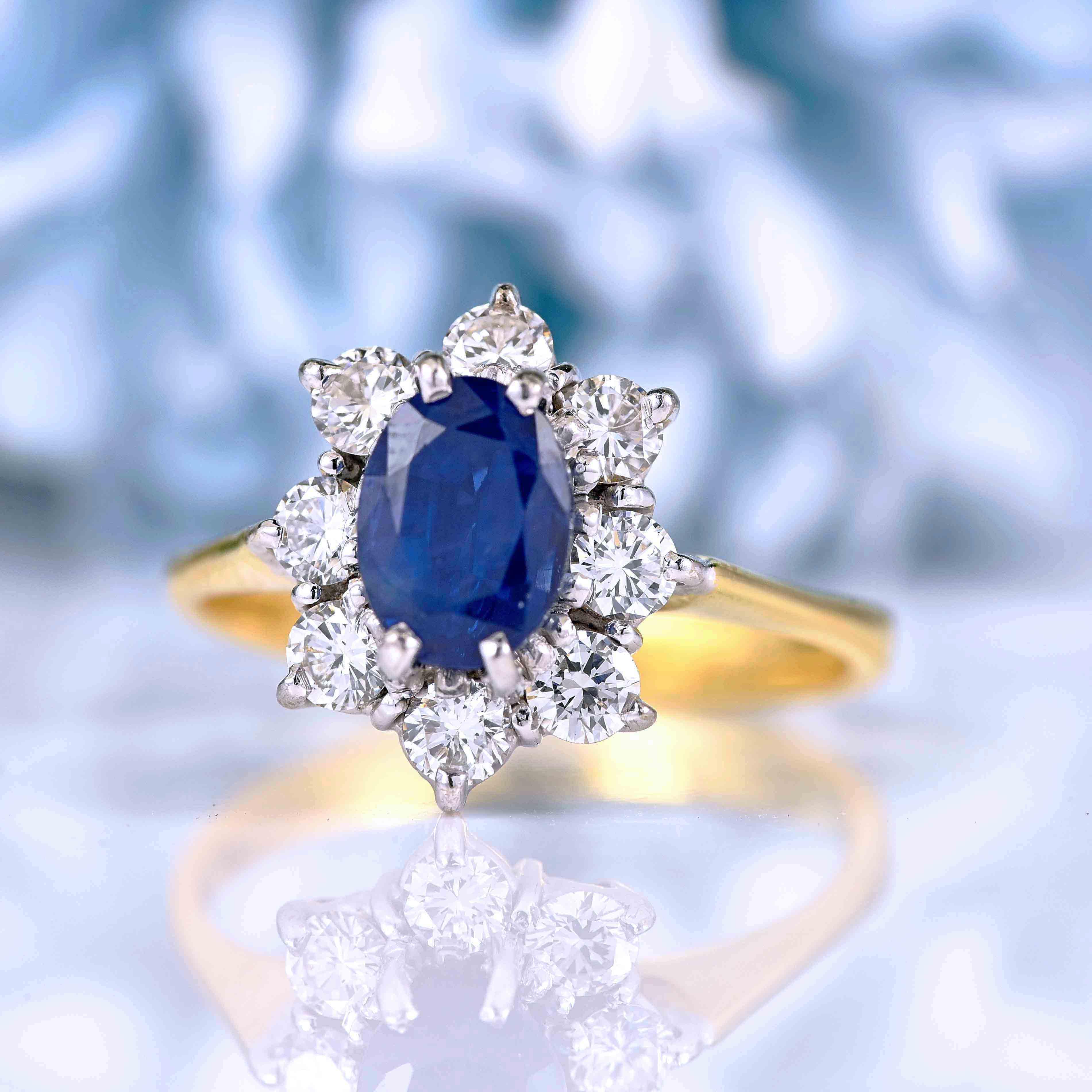 Ellibelle Jewellery Vintage 1990 Sapphire & Diamond Gold Cluster Engagement Ring (1.47ct)