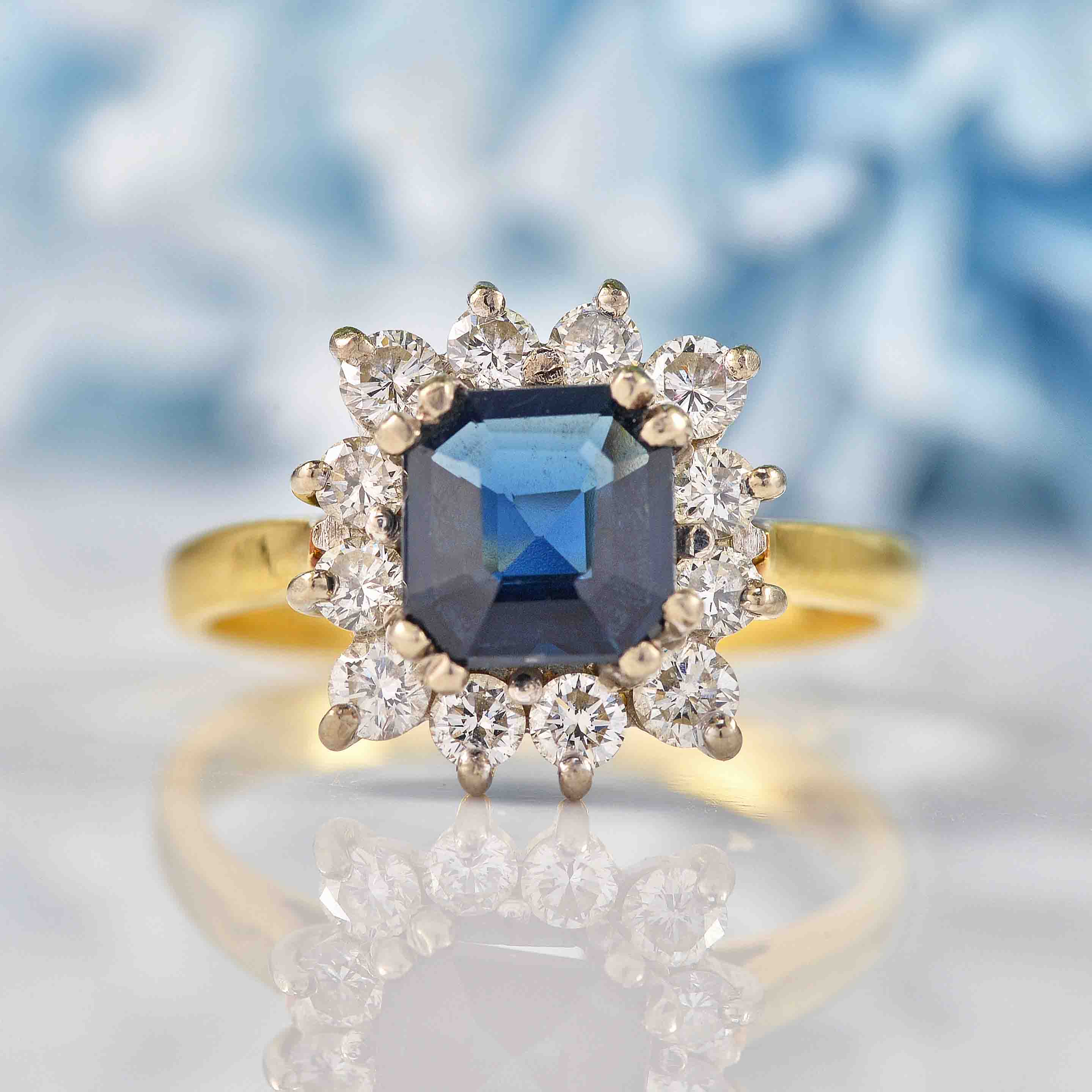 Ellibelle Jewellery Vintage 1990 Sapphire & Diamond Gold Square Cluster Ring