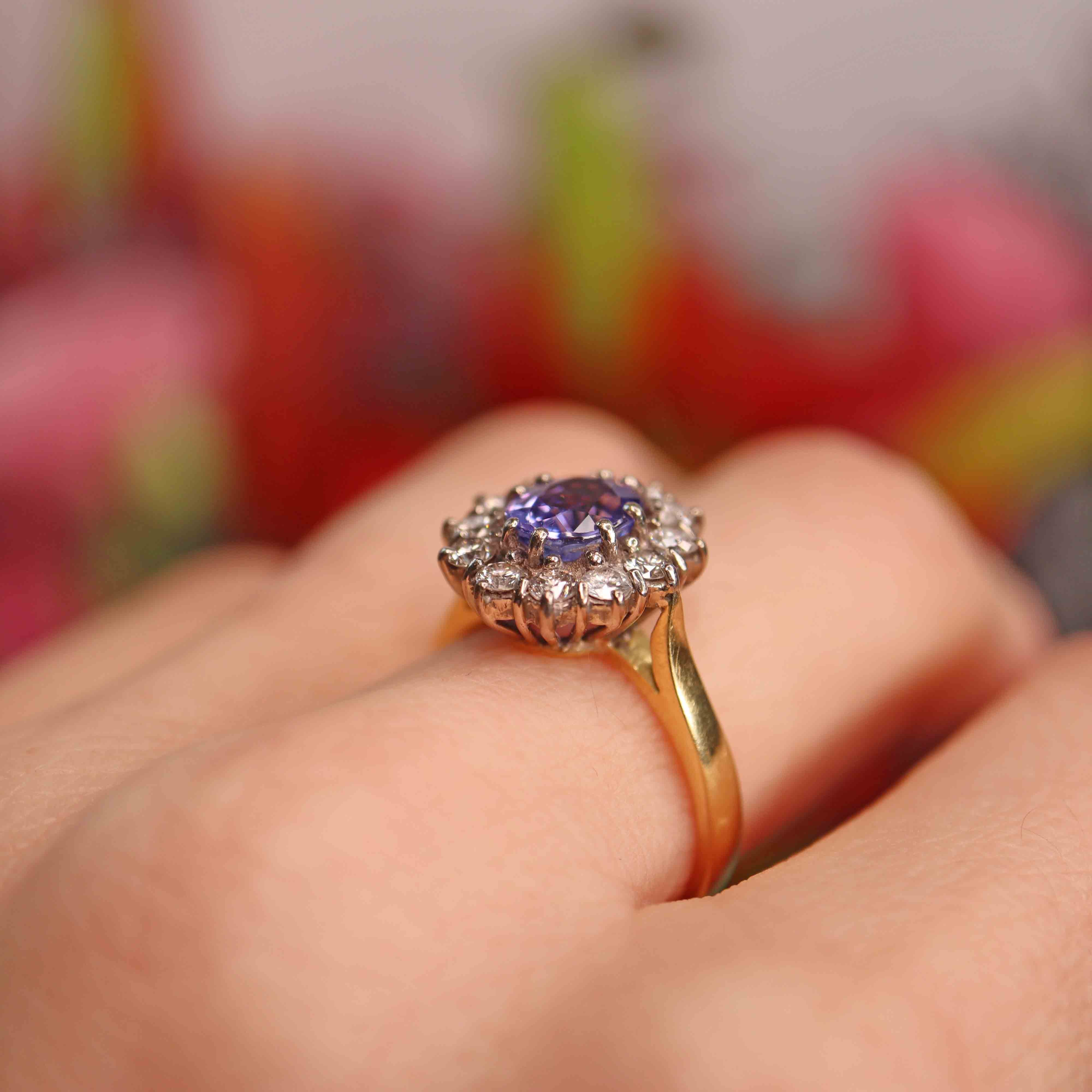Ellibelle Jewellery Vintage 1990 Tanzanite & Diamond 18ct Gold Cluster Ring