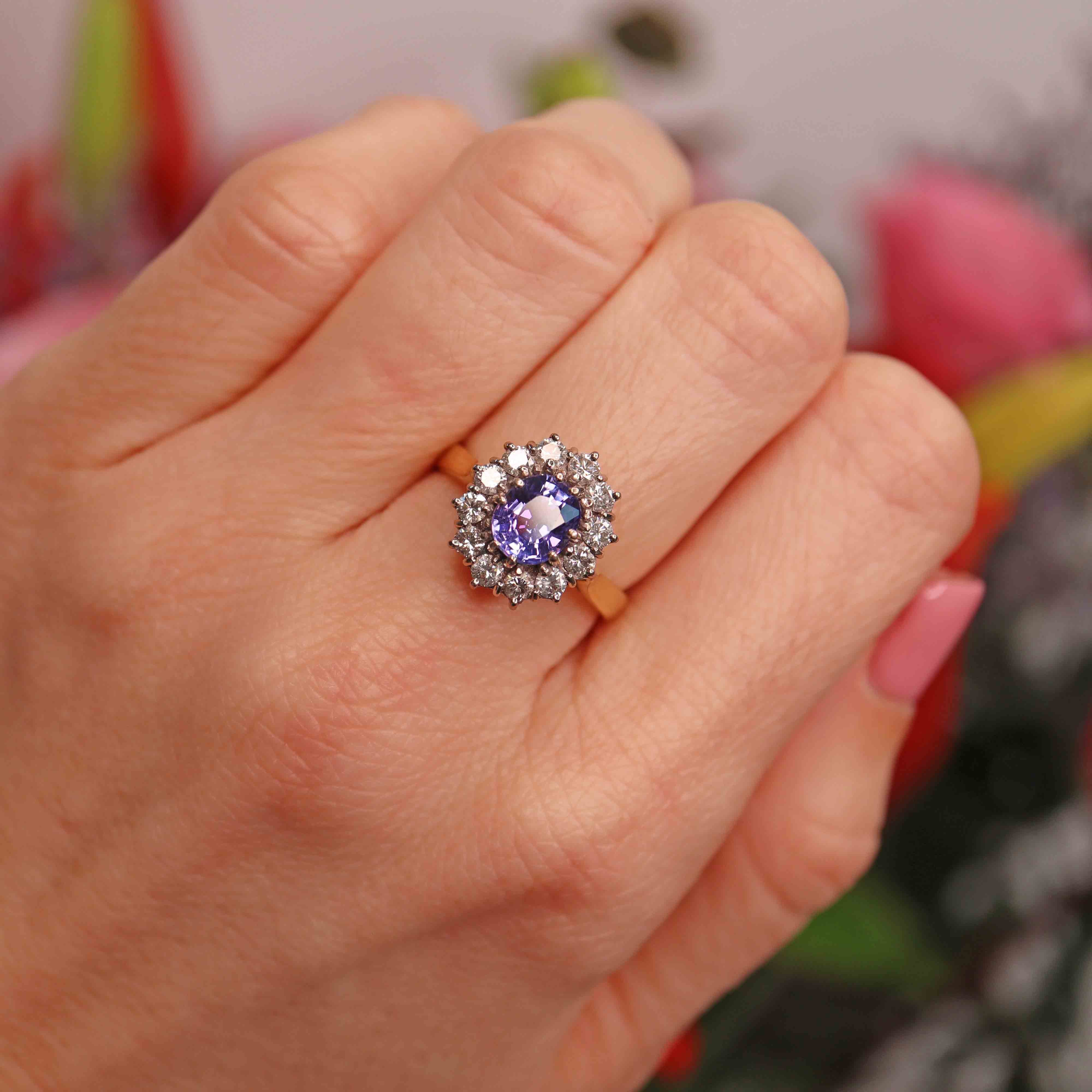 Ellibelle Jewellery Vintage 1990 Tanzanite & Diamond 18ct Gold Cluster Ring