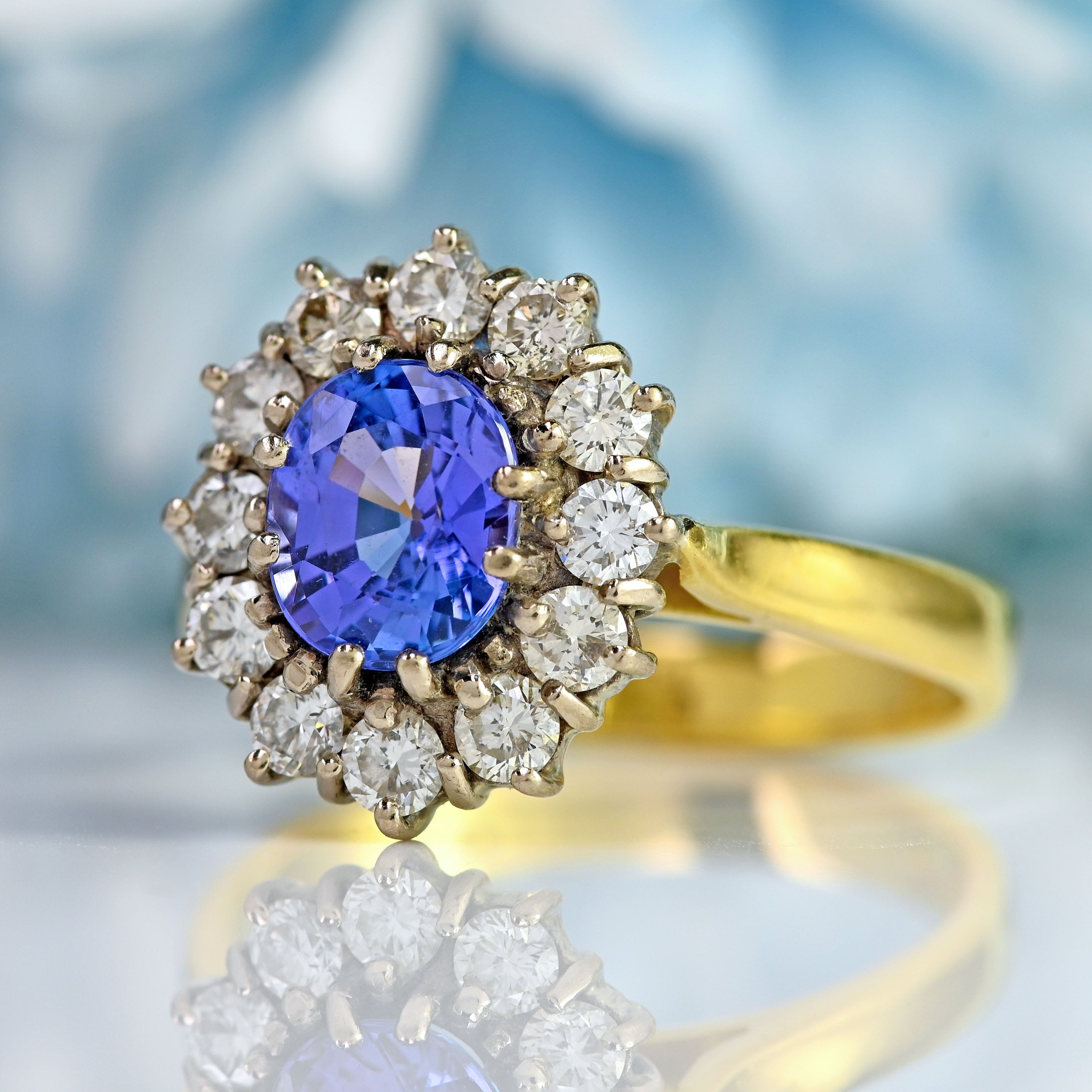 Ellibelle Jewellery Vintage 1990 Tanzanite & Diamond 18ct Gold Cluster Ring