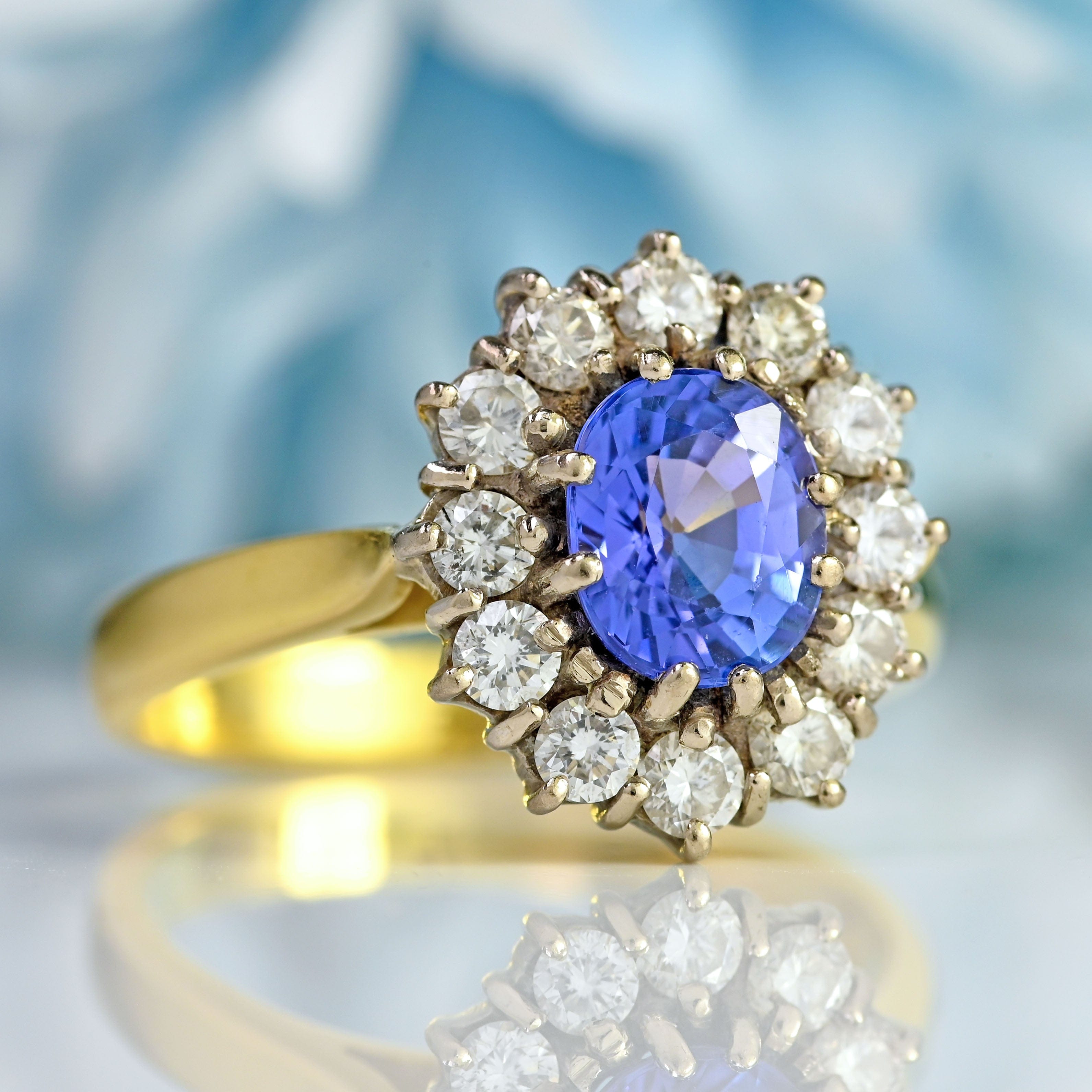 Ellibelle Jewellery Vintage 1990 Tanzanite & Diamond 18ct Gold Cluster Ring