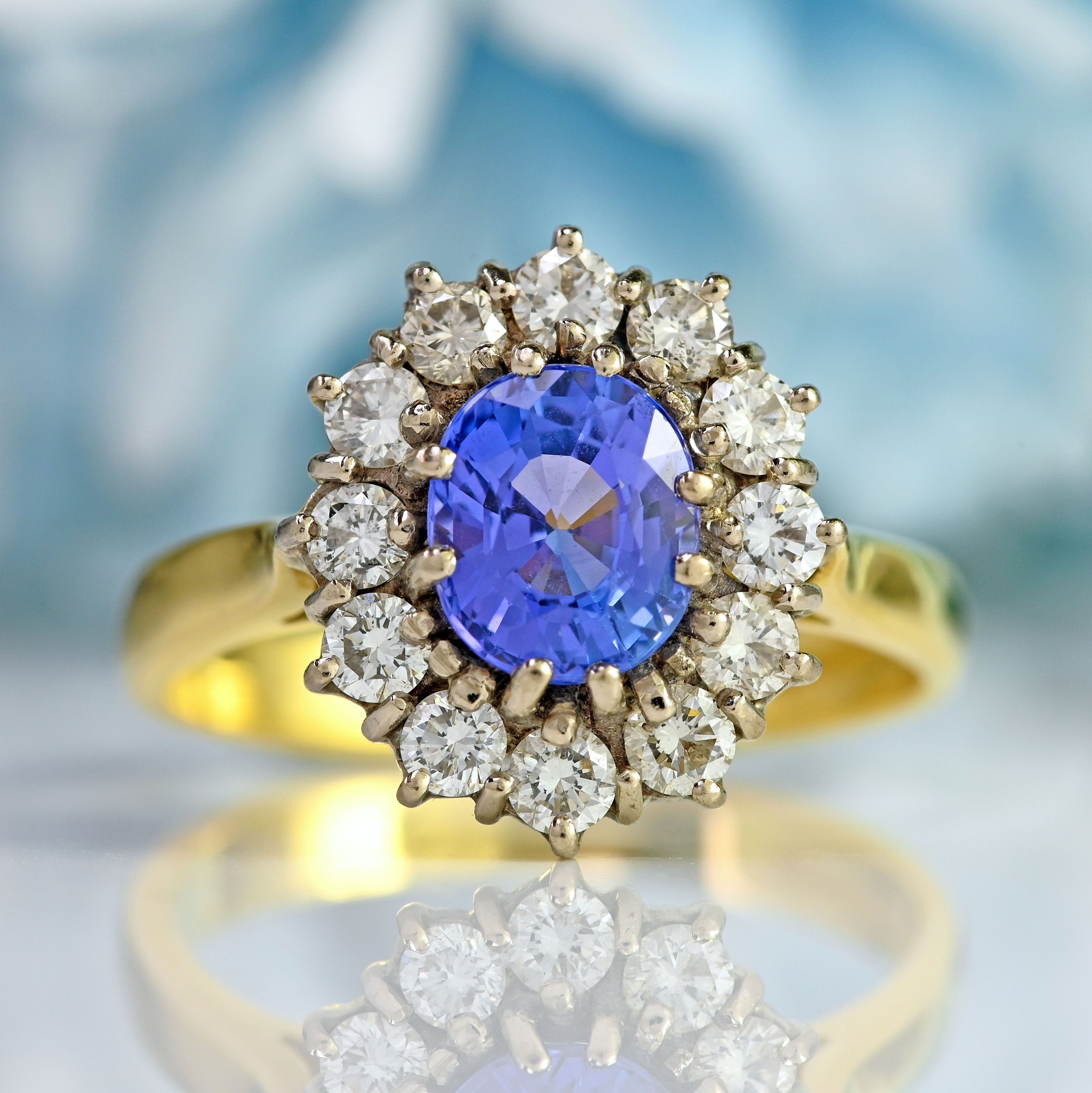 Ellibelle Jewellery Vintage 1990 Tanzanite & Diamond 18ct Gold Cluster Ring