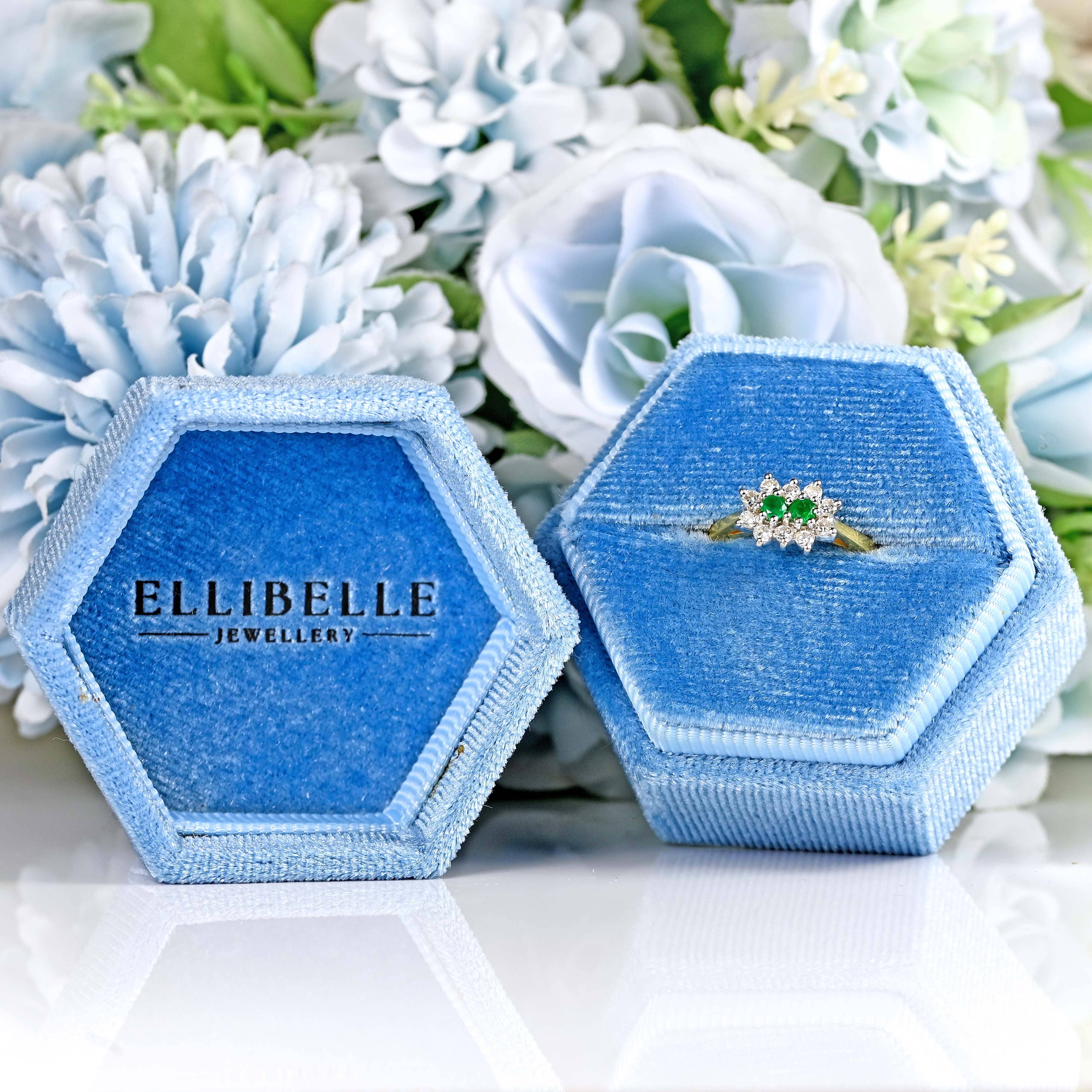 Ellibelle Jewellery Vintage 1990 Two-Stone Emerald & Diamond 18ct Gold Cluster Ring