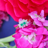 Ellibelle Jewellery Vintage 1990 Two-Stone Emerald & Diamond 18ct Gold Cluster Ring