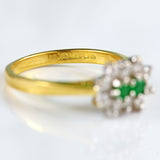 Ellibelle Jewellery Vintage 1990 Two-Stone Emerald & Diamond 18ct Gold Cluster Ring