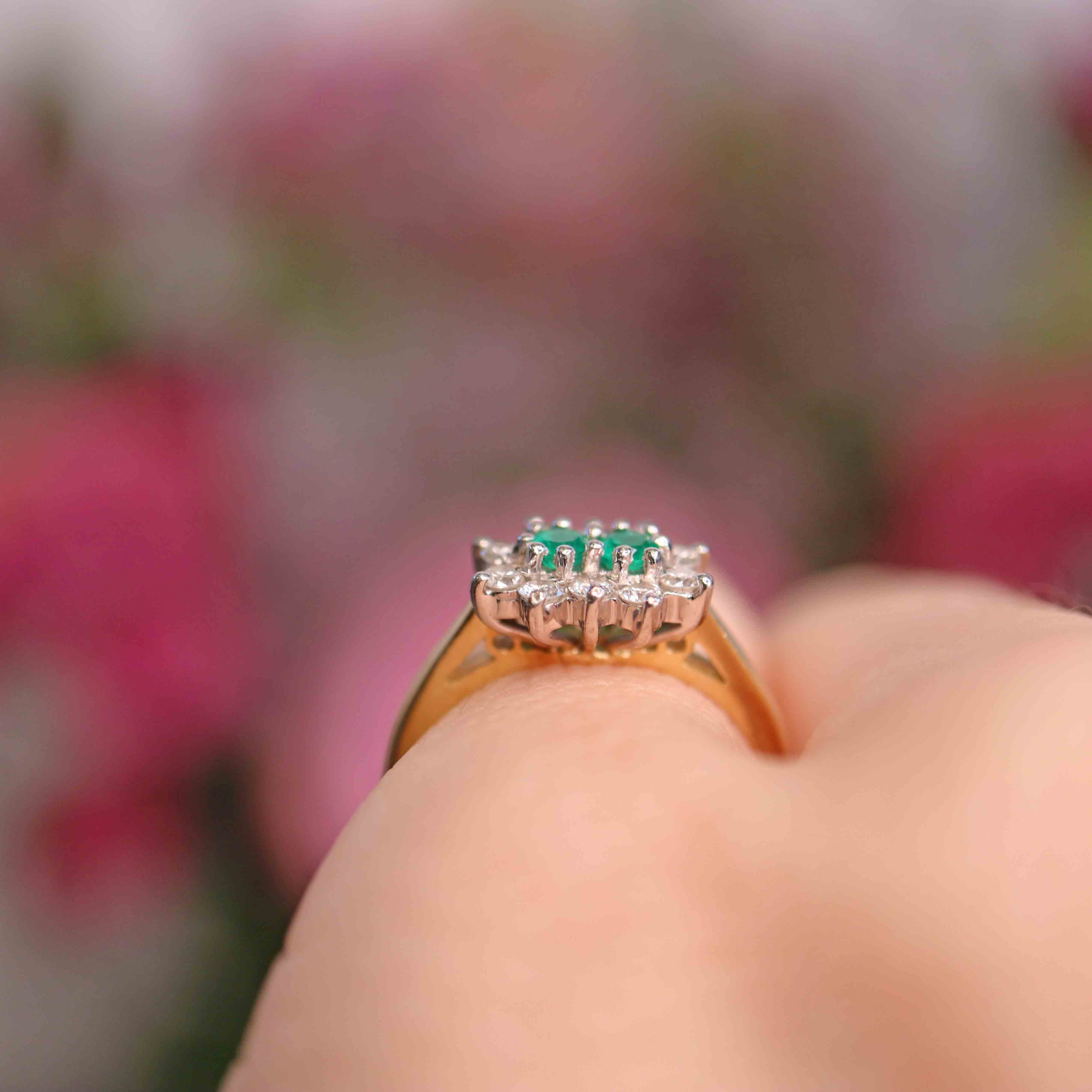 Ellibelle Jewellery Vintage 1990 Two-Stone Emerald & Diamond 18ct Gold Cluster Ring