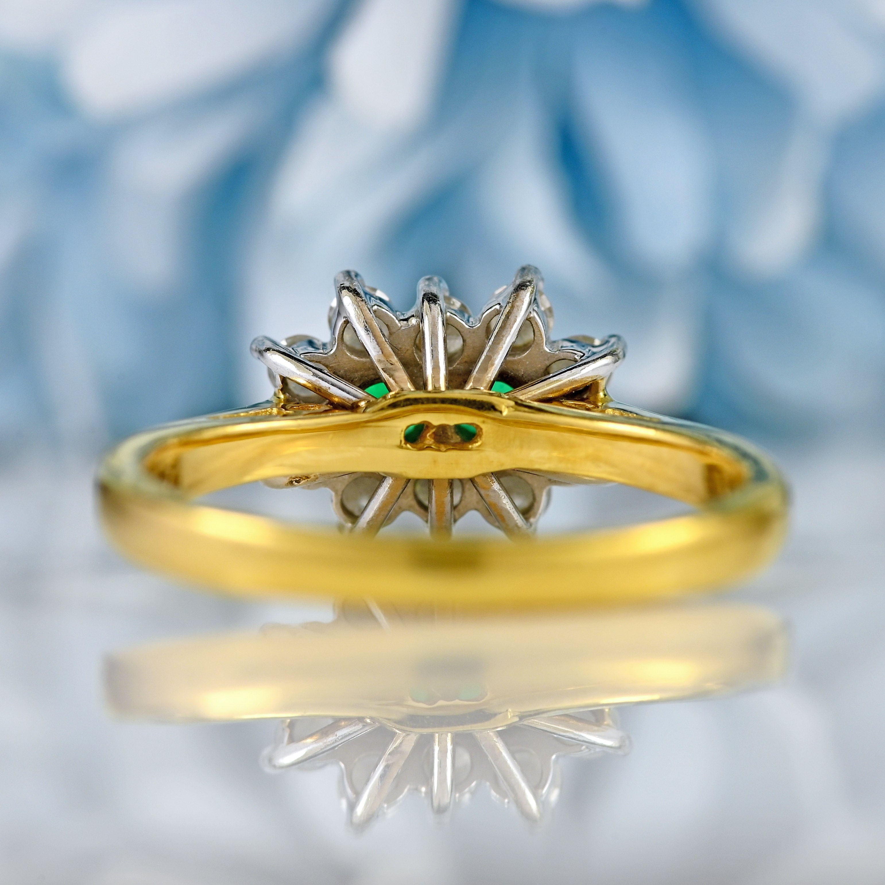 Ellibelle Jewellery Vintage 1990 Two-Stone Emerald & Diamond 18ct Gold Cluster Ring