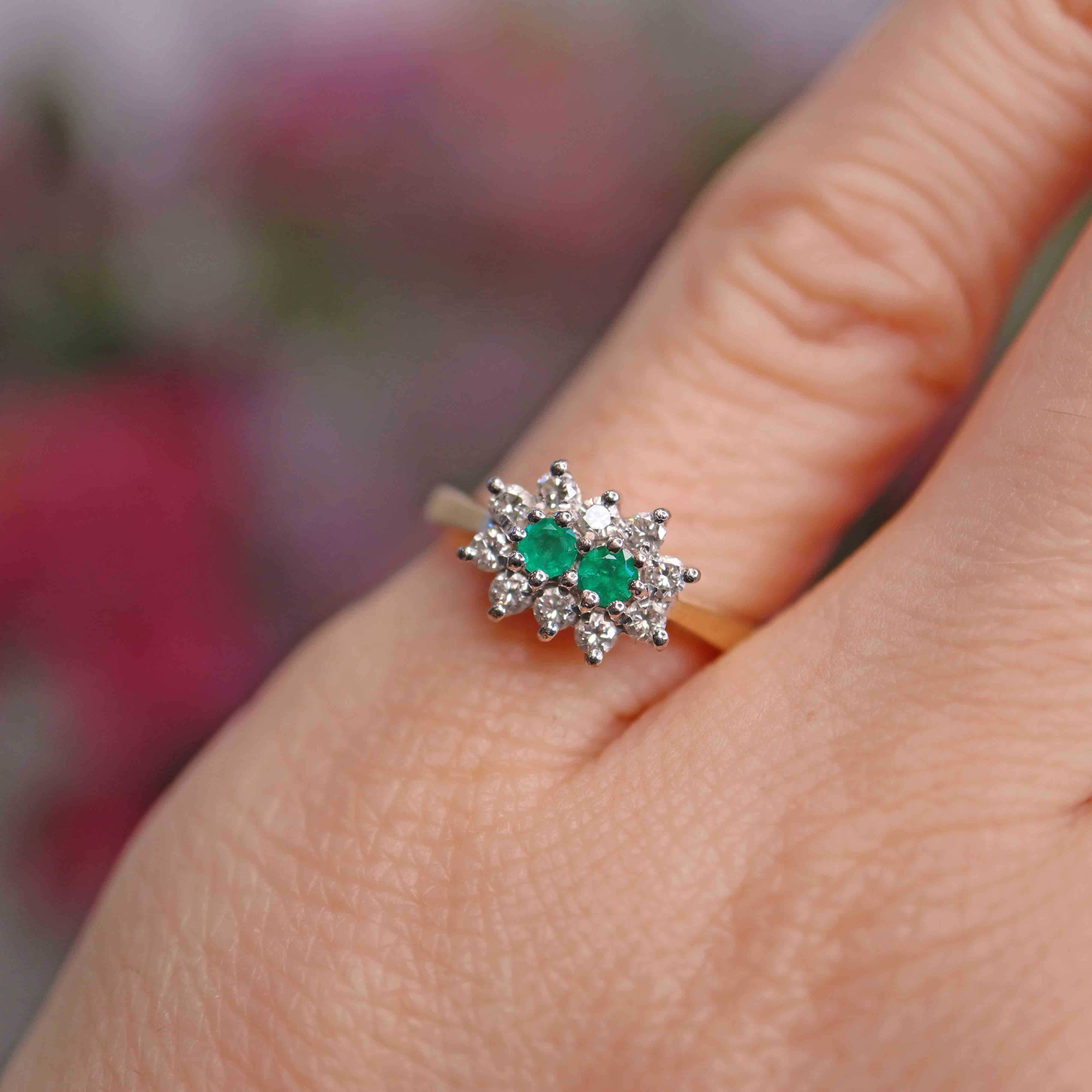 Ellibelle Jewellery Vintage 1990 Two-Stone Emerald & Diamond 18ct Gold Cluster Ring