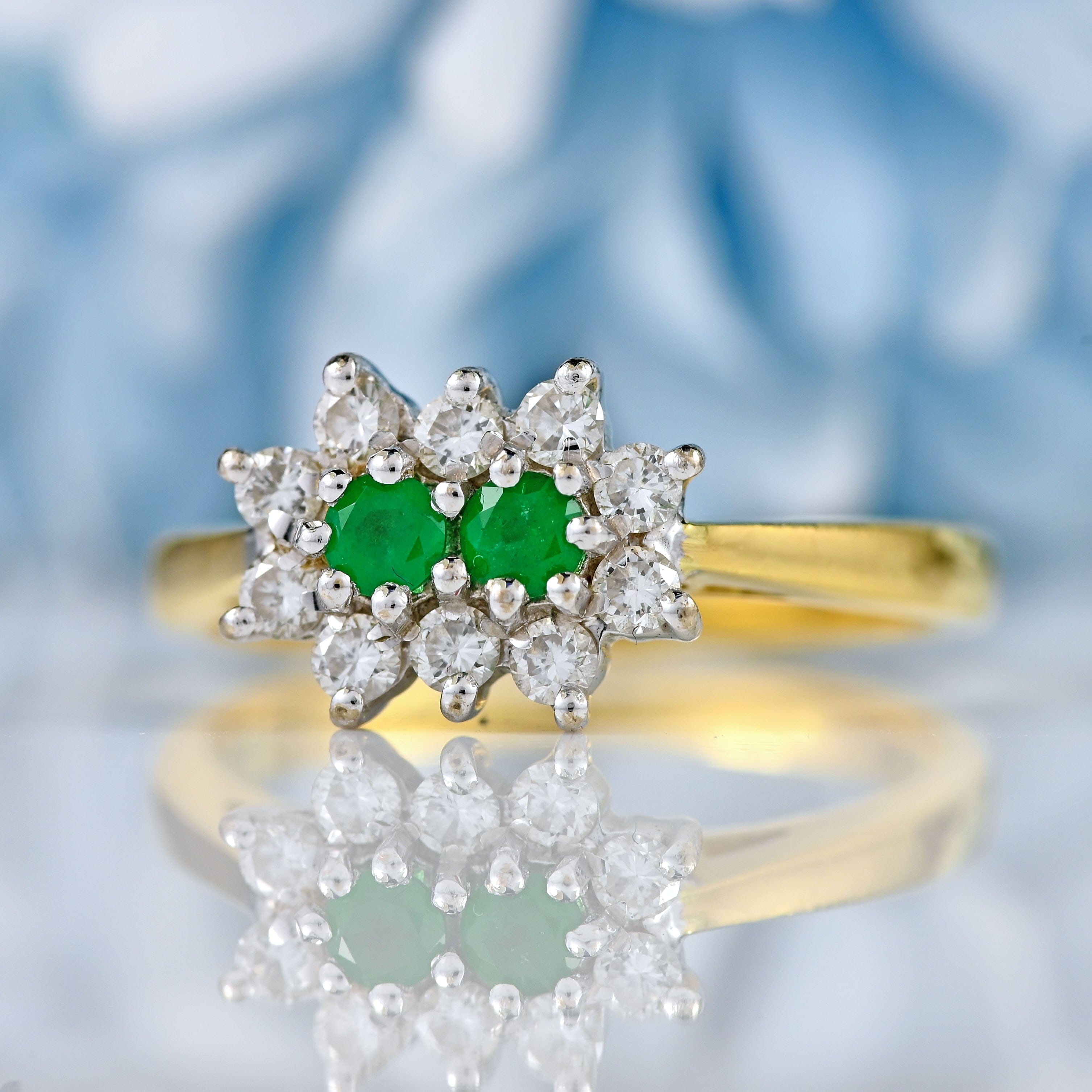 Ellibelle Jewellery Vintage 1990 Two-Stone Emerald & Diamond 18ct Gold Cluster Ring