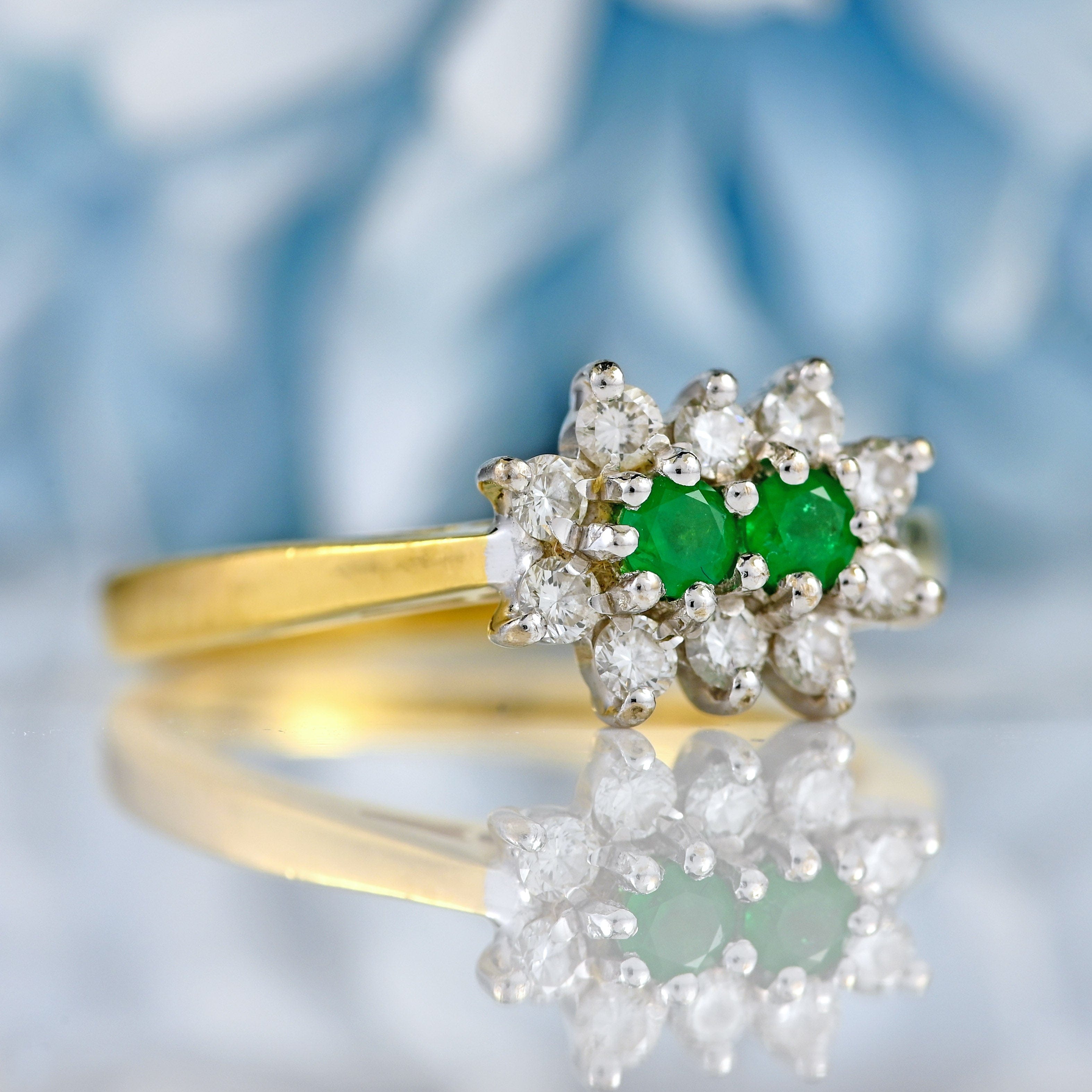 Ellibelle Jewellery Vintage 1990 Two-Stone Emerald & Diamond 18ct Gold Cluster Ring