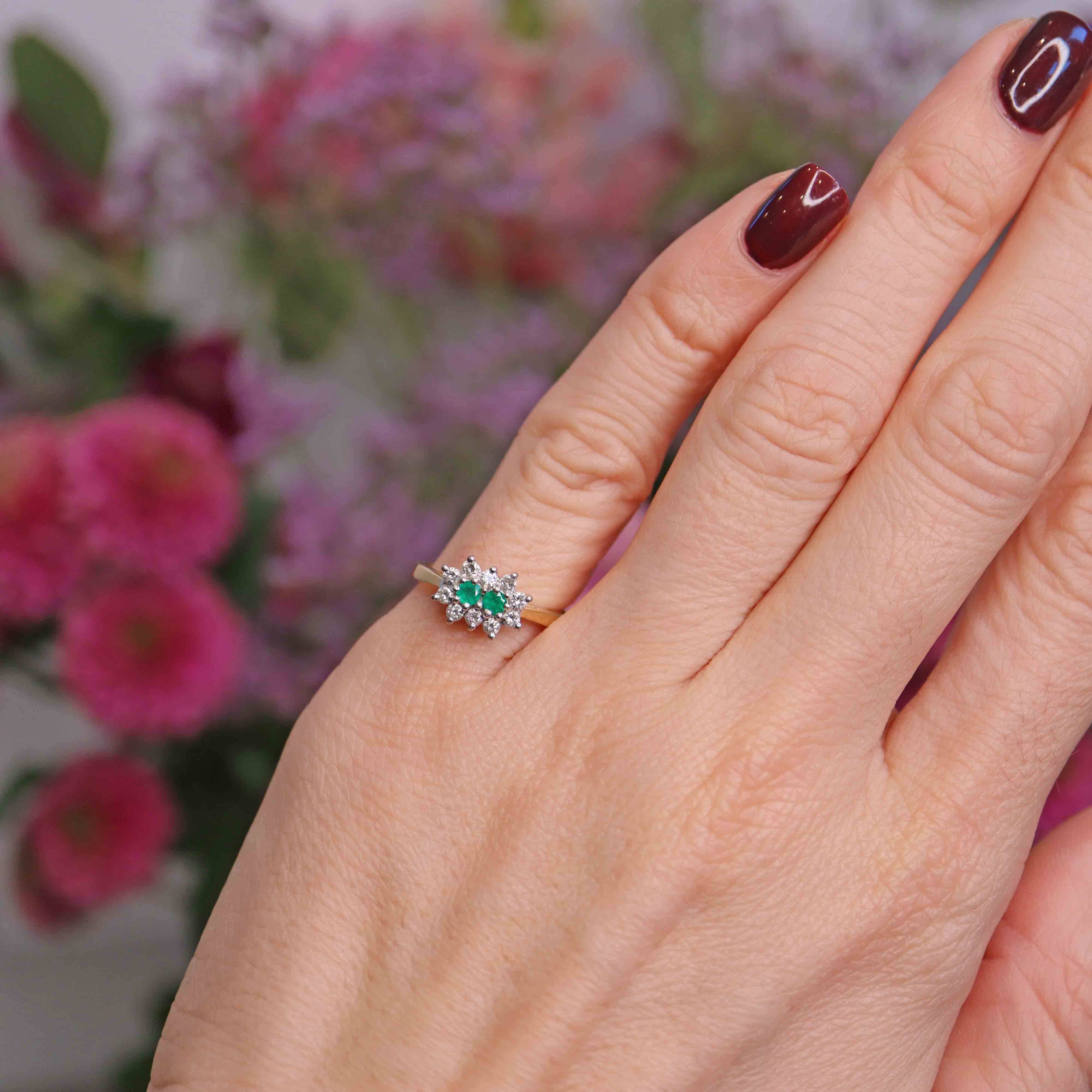 Ellibelle Jewellery Vintage 1990 Two-Stone Emerald & Diamond 18ct Gold Cluster Ring