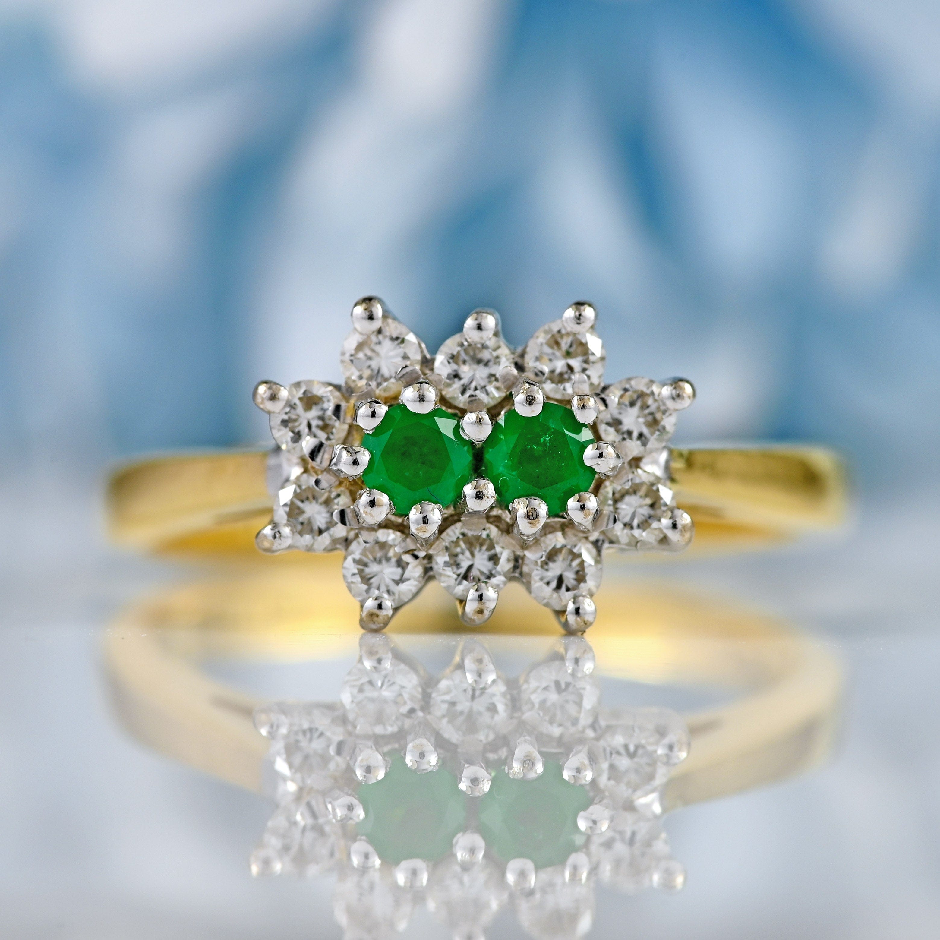 Ellibelle Jewellery Vintage 1990 Two-Stone Emerald & Diamond 18ct Gold Cluster Ring