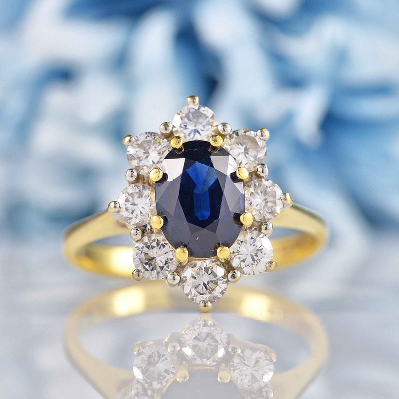 Ellibelle Jewellery Vintage 1990s Sapphire & Diamond 18ct Gold Cluster Engagement Ring