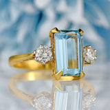Ellibelle Jewellery Vintage 1991 Aquamarine & Diamond 18ct Gold Three-Stone Trilogy Ring