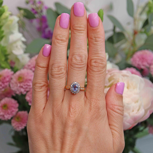 Ellibelle Jewellery Vintage 1991 Ceylon Sapphire & Diamond 18ct Gold Cluster Ring
