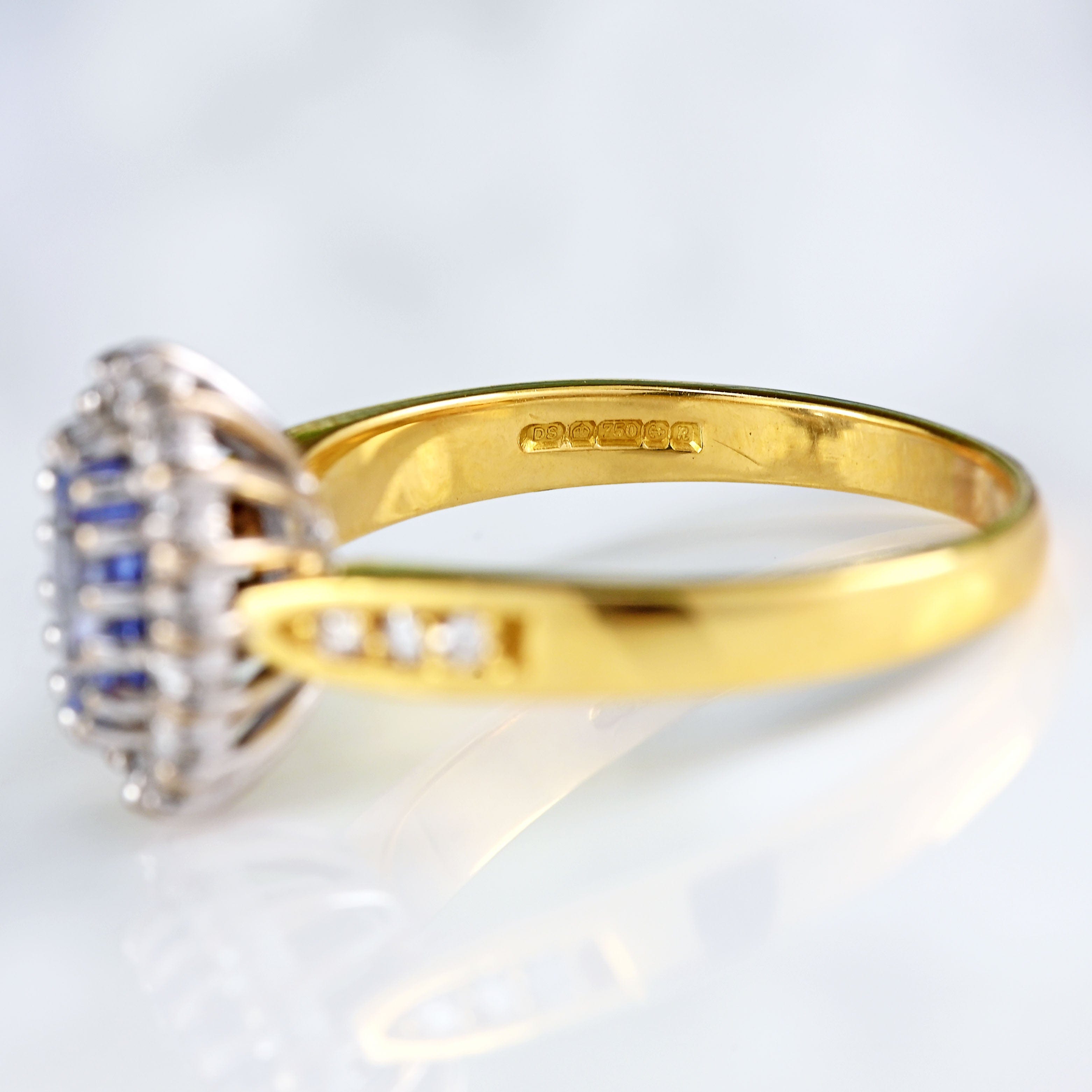 Ellibelle Jewellery Vintage 1991 Ceylon Sapphire & Diamond 18ct Gold Cluster Ring