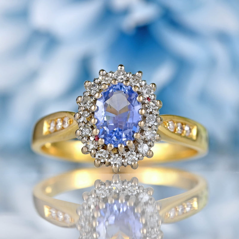 Ellibelle Jewellery Vintage 1991 Ceylon Sapphire & Diamond 18ct Gold Cluster Ring