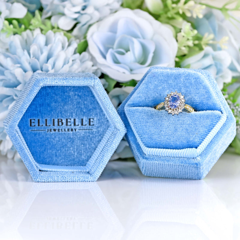 Ellibelle Jewellery Vintage 1991 Ceylon Sapphire & Diamond 18ct Gold Cluster Ring