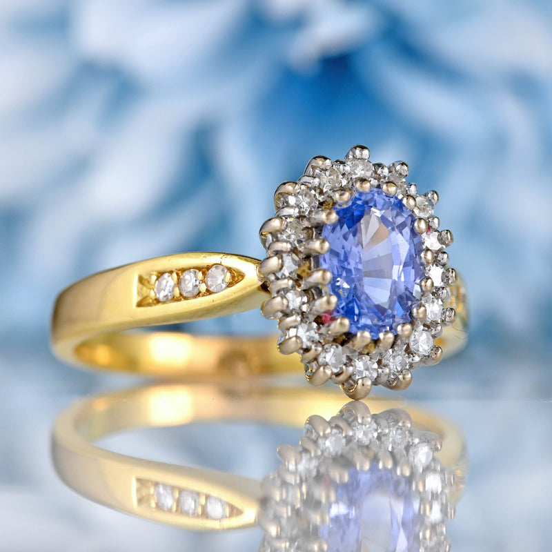 Ellibelle Jewellery Vintage 1991 Ceylon Sapphire & Diamond 18ct Gold Cluster Ring