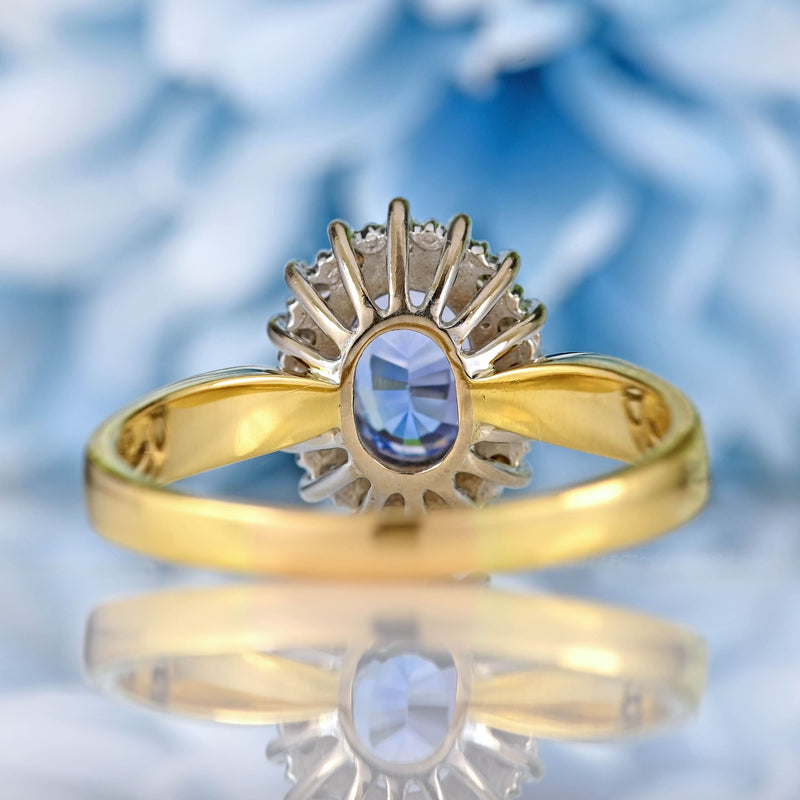 Ellibelle Jewellery Vintage 1991 Ceylon Sapphire & Diamond 18ct Gold Cluster Ring