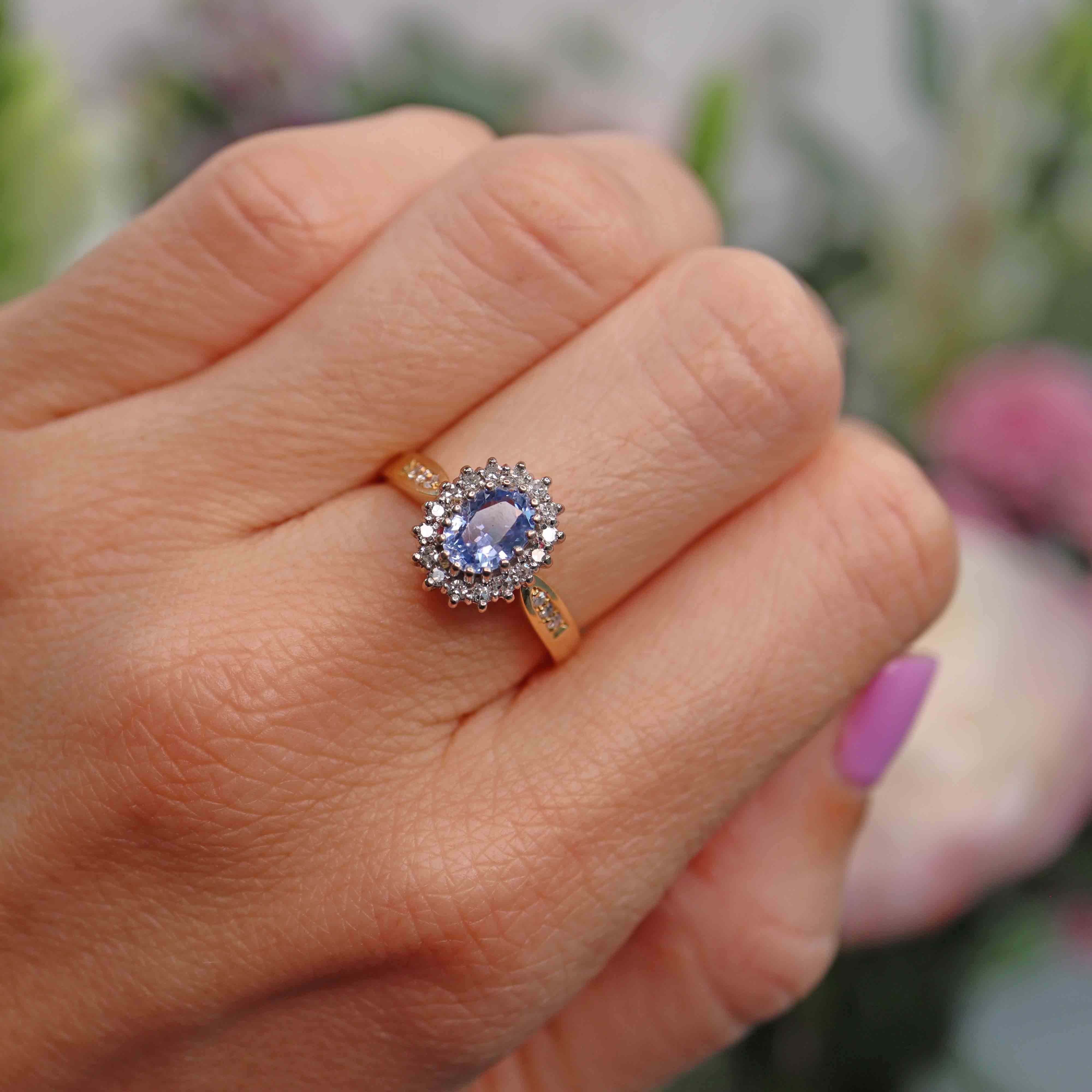 Ellibelle Jewellery Vintage 1991 Ceylon Sapphire & Diamond 18ct Gold Cluster Ring