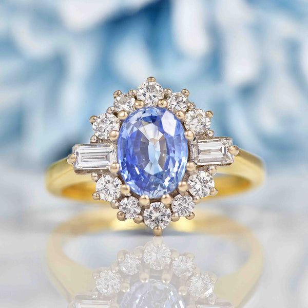 Ellibelle Jewellery Vintage 1991 Ceylon Sapphire & Diamond 18ct Gold Cluster Ring