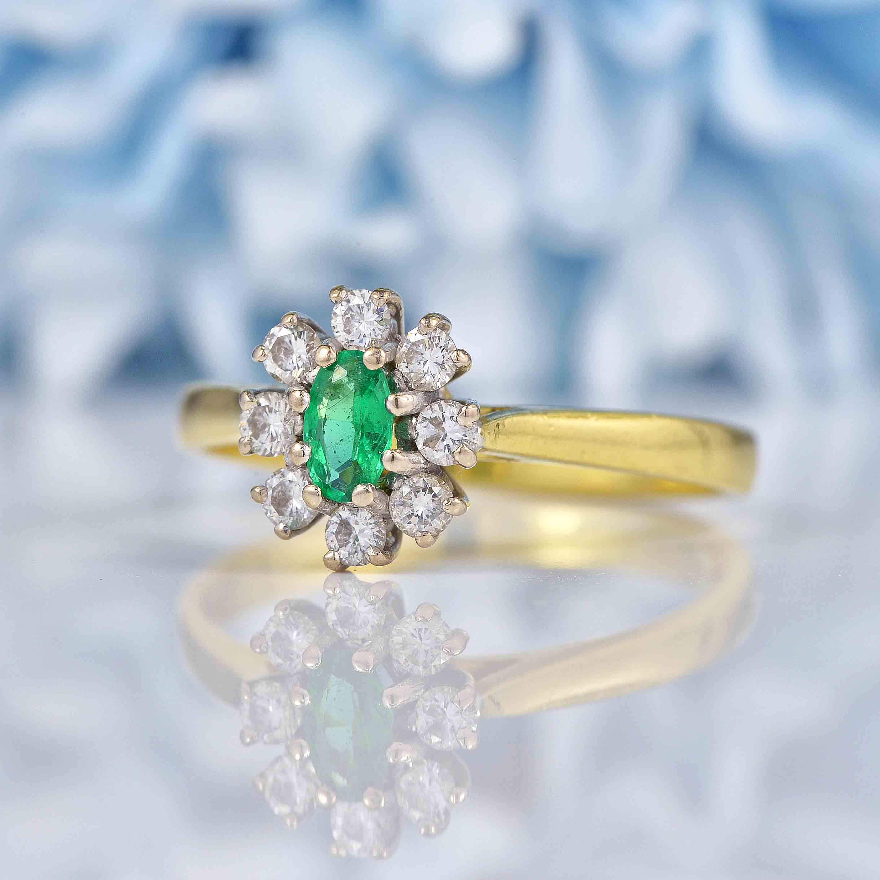 Ellibelle Jewellery Vintage 1991 Emerald & Diamond 18ct Gold Cluster Ring