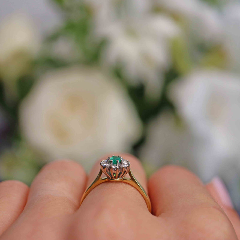 Ellibelle Jewellery Vintage 1991 Emerald & Diamond 18ct Gold Cluster Ring