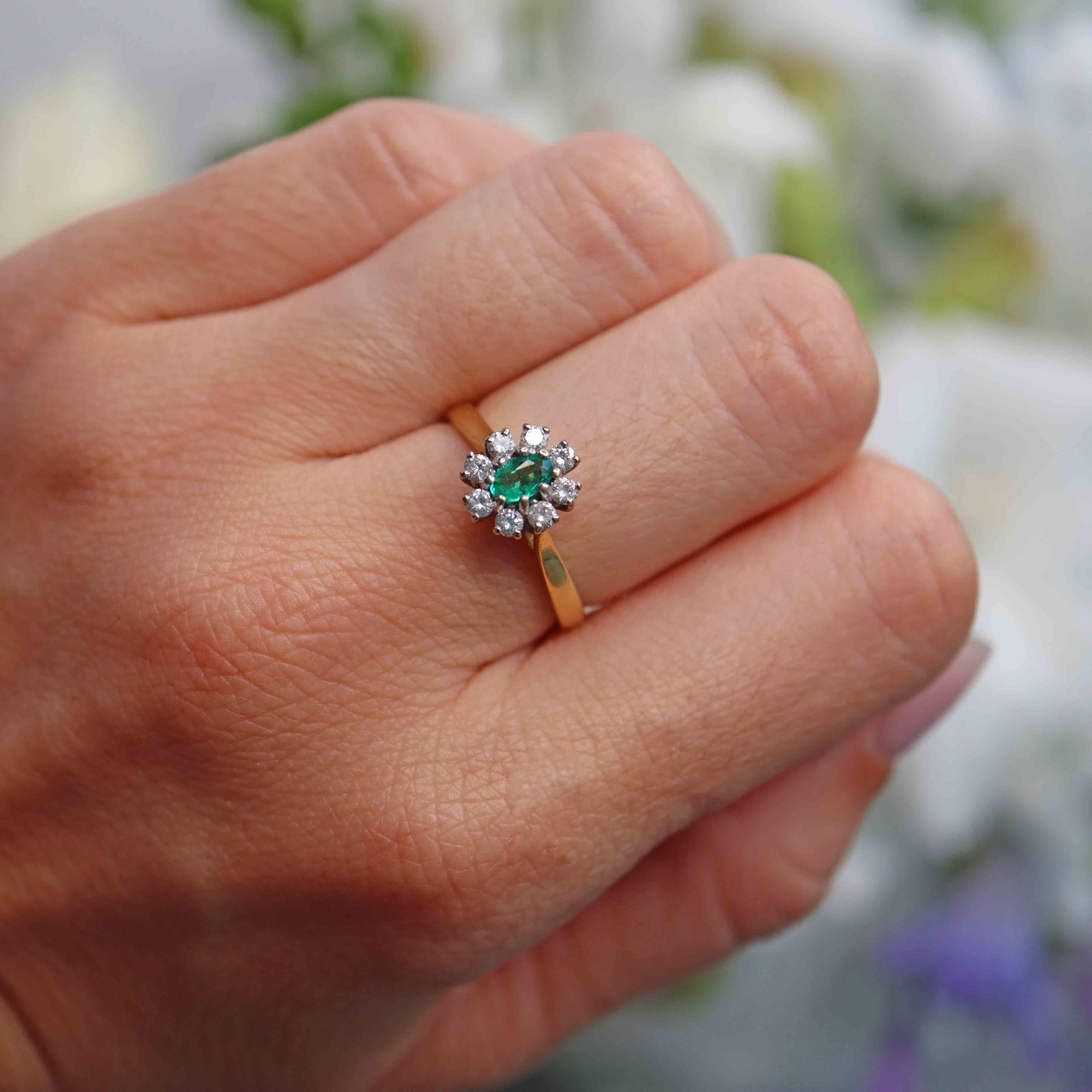 Ellibelle Jewellery Vintage 1991 Emerald & Diamond 18ct Gold Cluster Ring