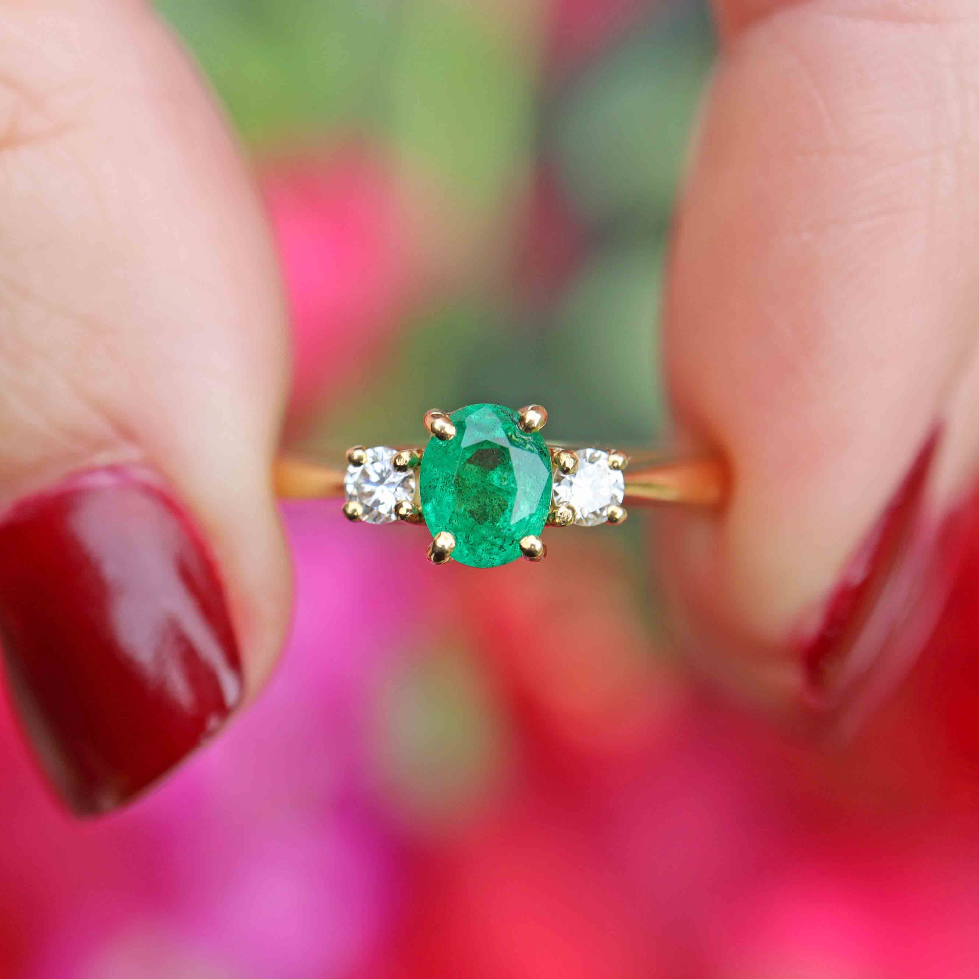 Ellibelle Jewellery Vintage 1991 Emerald & Diamond 18ct Gold Three-Stone Engagement Ring