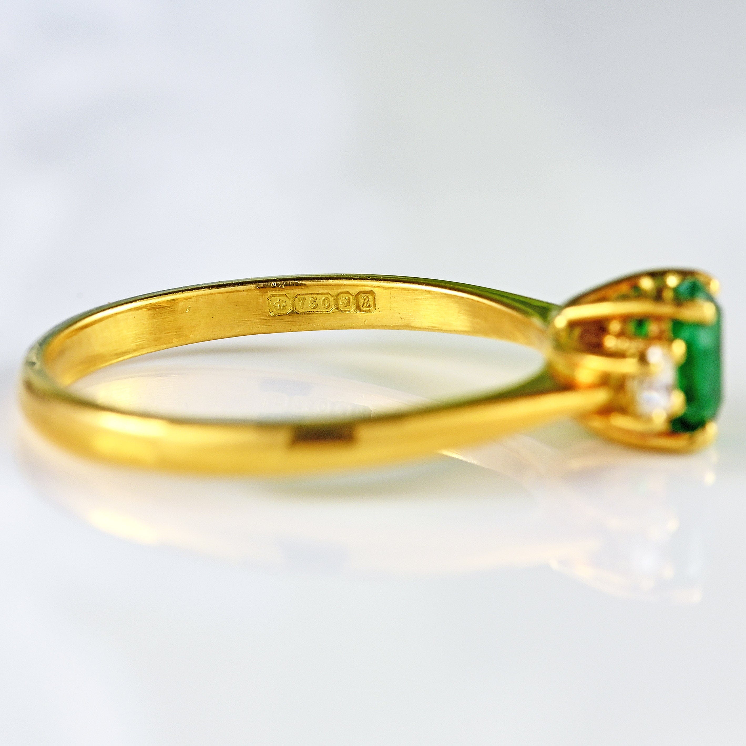 Ellibelle Jewellery Vintage 1991 Emerald & Diamond 18ct Gold Three-Stone Engagement Ring