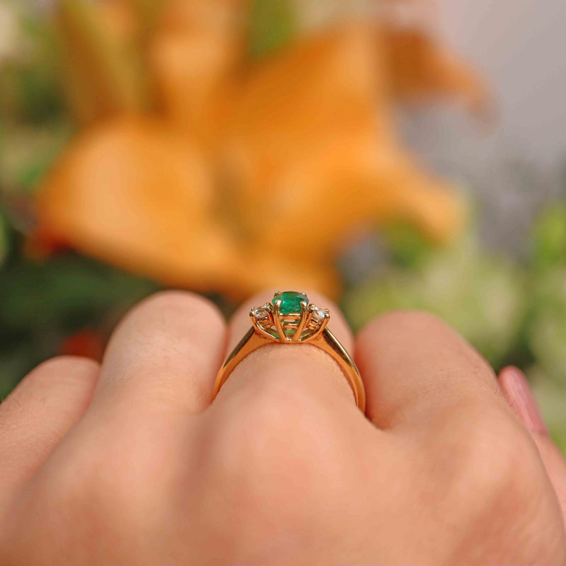 Ellibelle Jewellery Vintage 1991 Emerald & Diamond 18ct Gold Three-Stone Engagement Ring