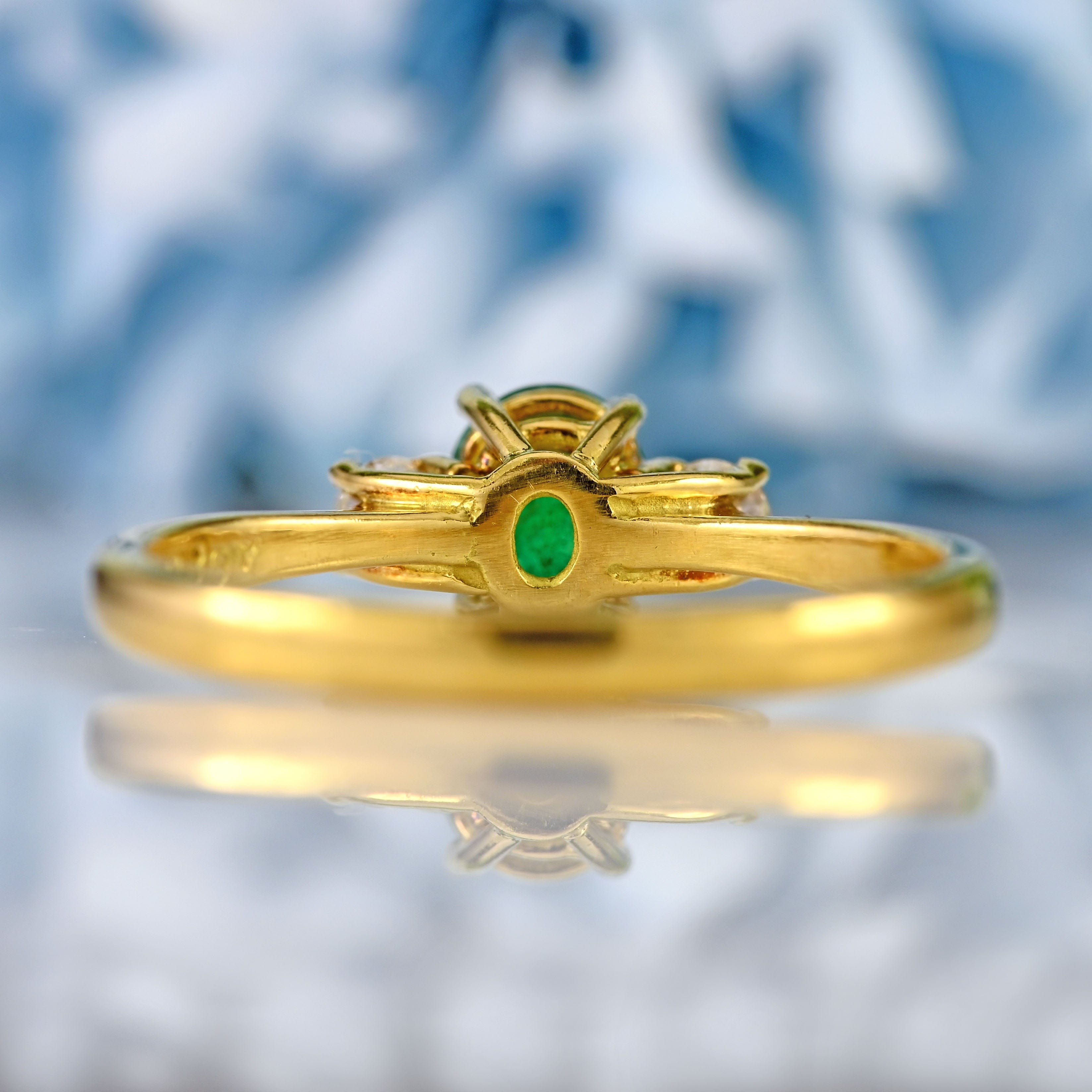 Ellibelle Jewellery Vintage 1991 Emerald & Diamond 18ct Gold Three-Stone Engagement Ring