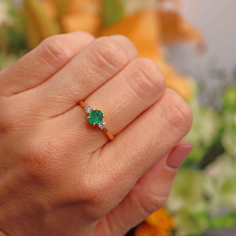 Ellibelle Jewellery Vintage 1991 Emerald & Diamond 18ct Gold Three-Stone Engagement Ring