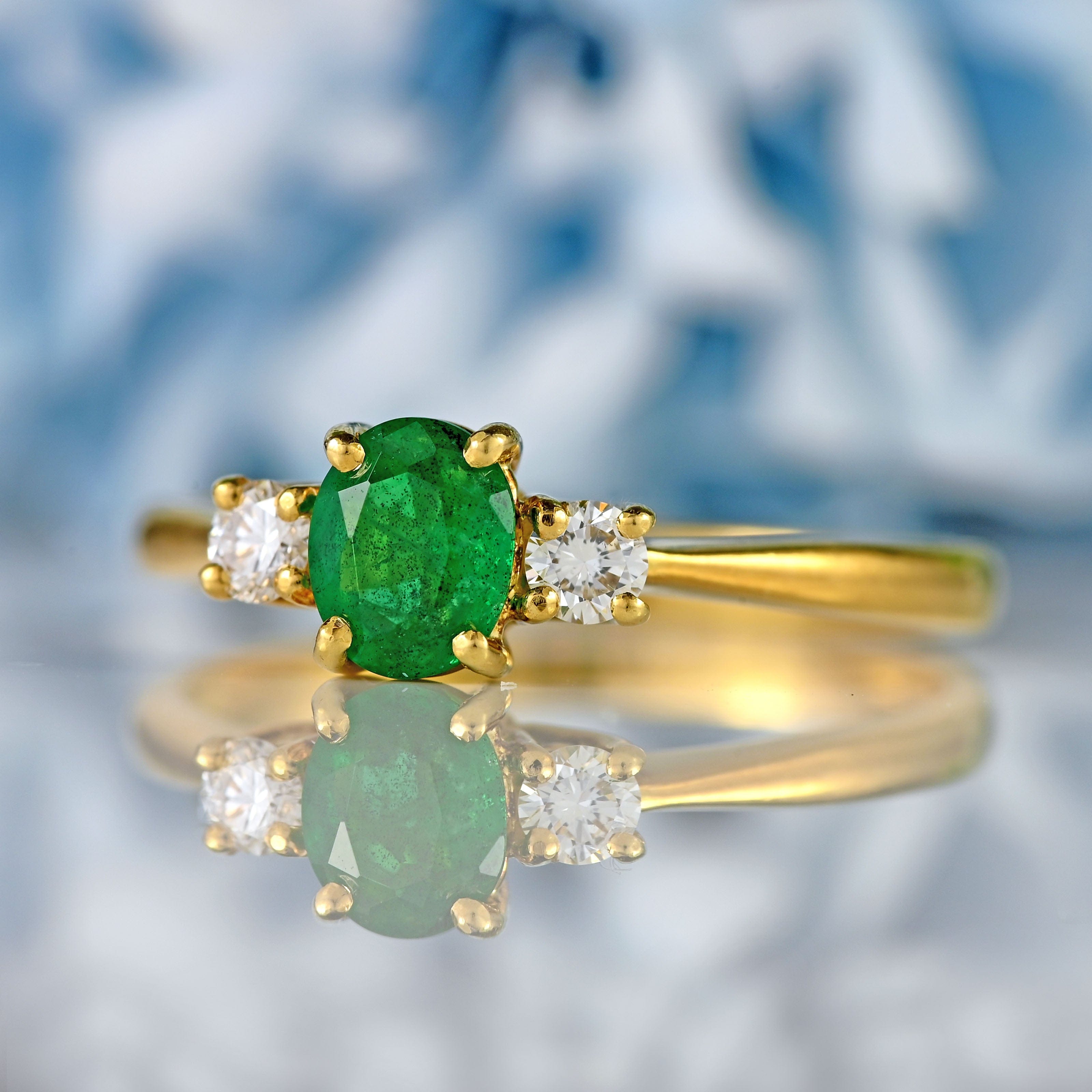 Ellibelle Jewellery Vintage 1991 Emerald & Diamond 18ct Gold Three-Stone Engagement Ring