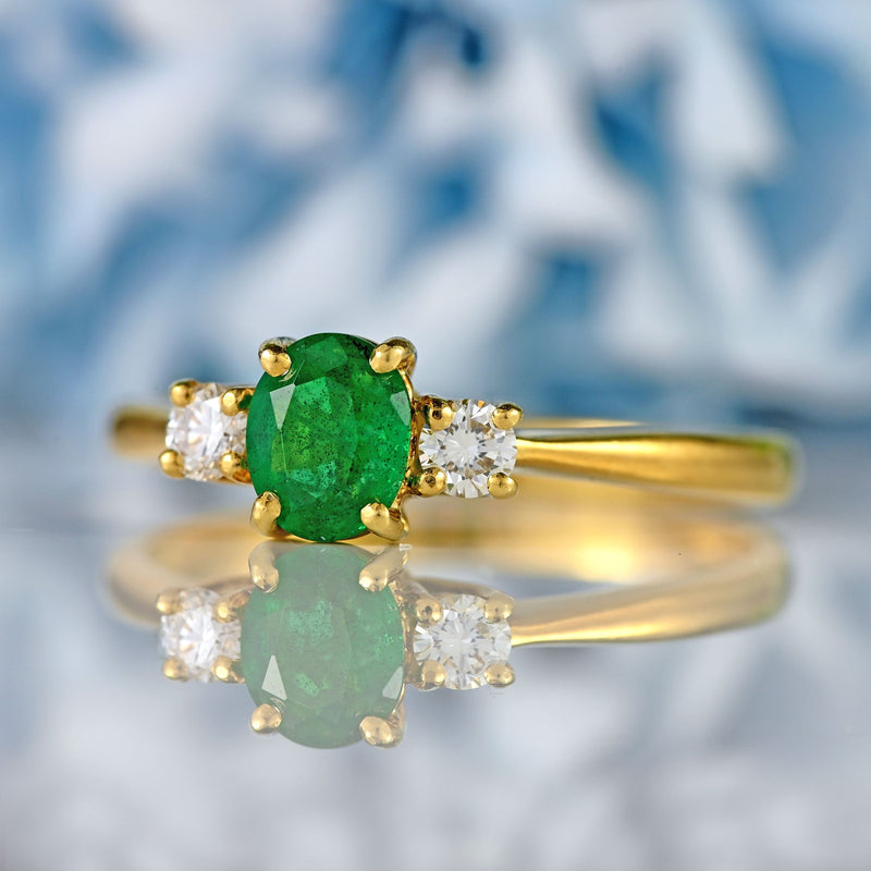 Ellibelle Jewellery Vintage 1991 Emerald & Diamond 18ct Gold Three-Stone Engagement Ring