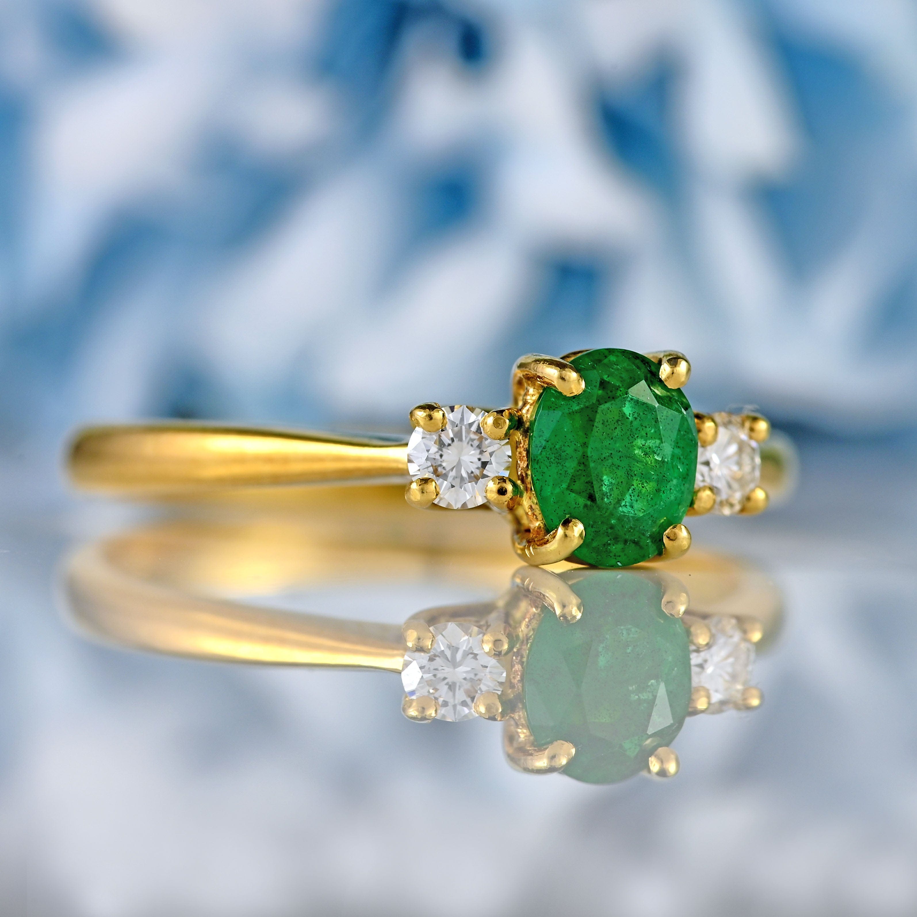 Ellibelle Jewellery Vintage 1991 Emerald & Diamond 18ct Gold Three-Stone Engagement Ring