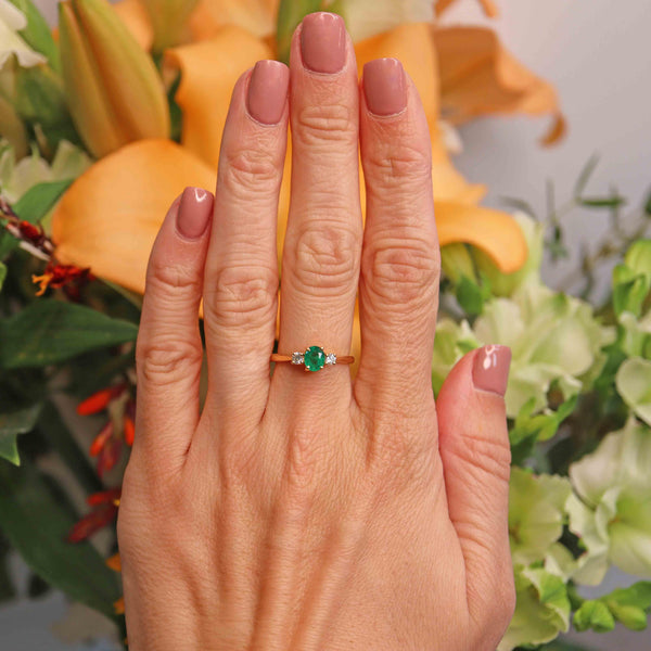Ellibelle Jewellery Vintage 1991 Emerald & Diamond 18ct Gold Three-Stone Engagement Ring