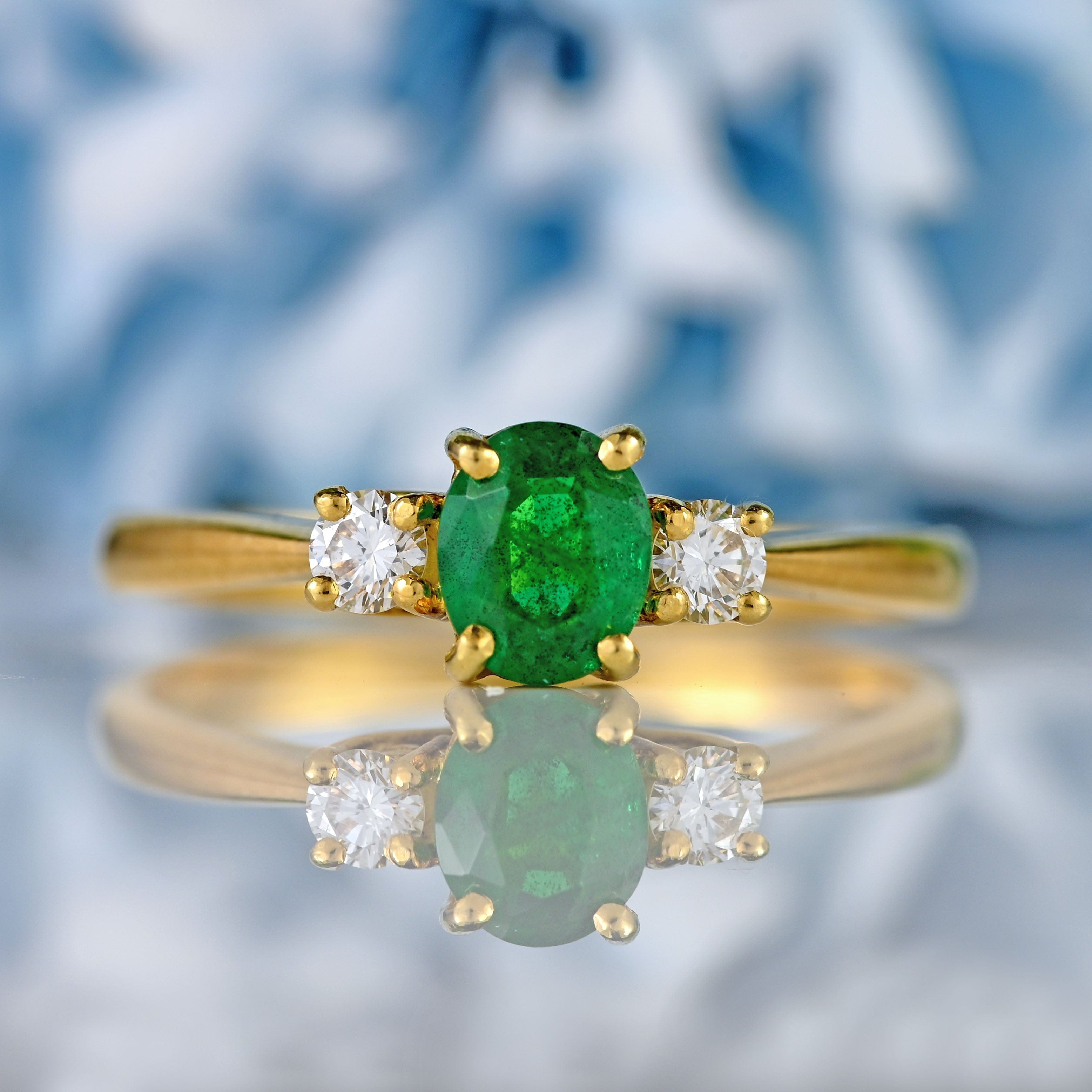 Ellibelle Jewellery Vintage 1991 Emerald & Diamond 18ct Gold Three-Stone Engagement Ring