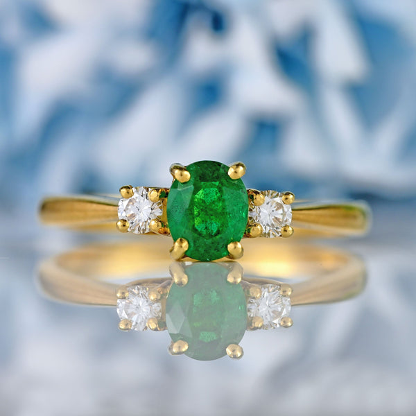 Ellibelle Jewellery Vintage 1991 Emerald & Diamond 18ct Gold Three-Stone Engagement Ring