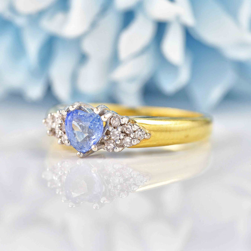 Ellibelle Jewellery Vintage 1991 Heart-Shaped Ceylon Sapphire & Diamond Gold Ring