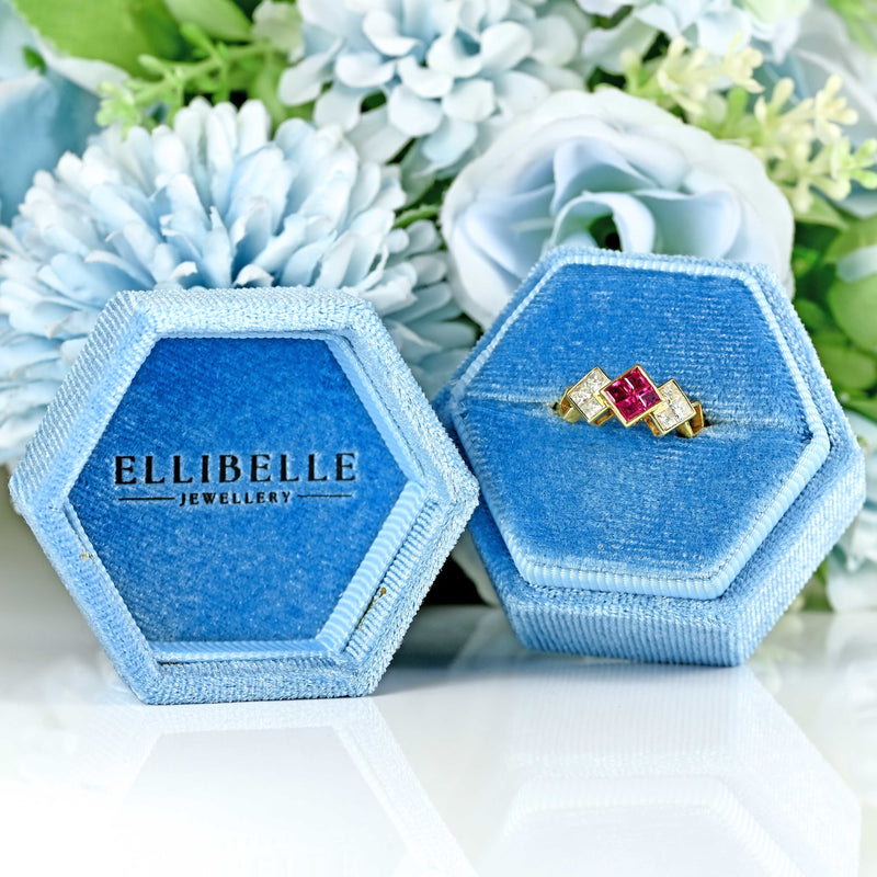 Ellibelle Jewellery Vintage 1991 Ruby & Princess-Cut Diamond 18ct Gold Ring