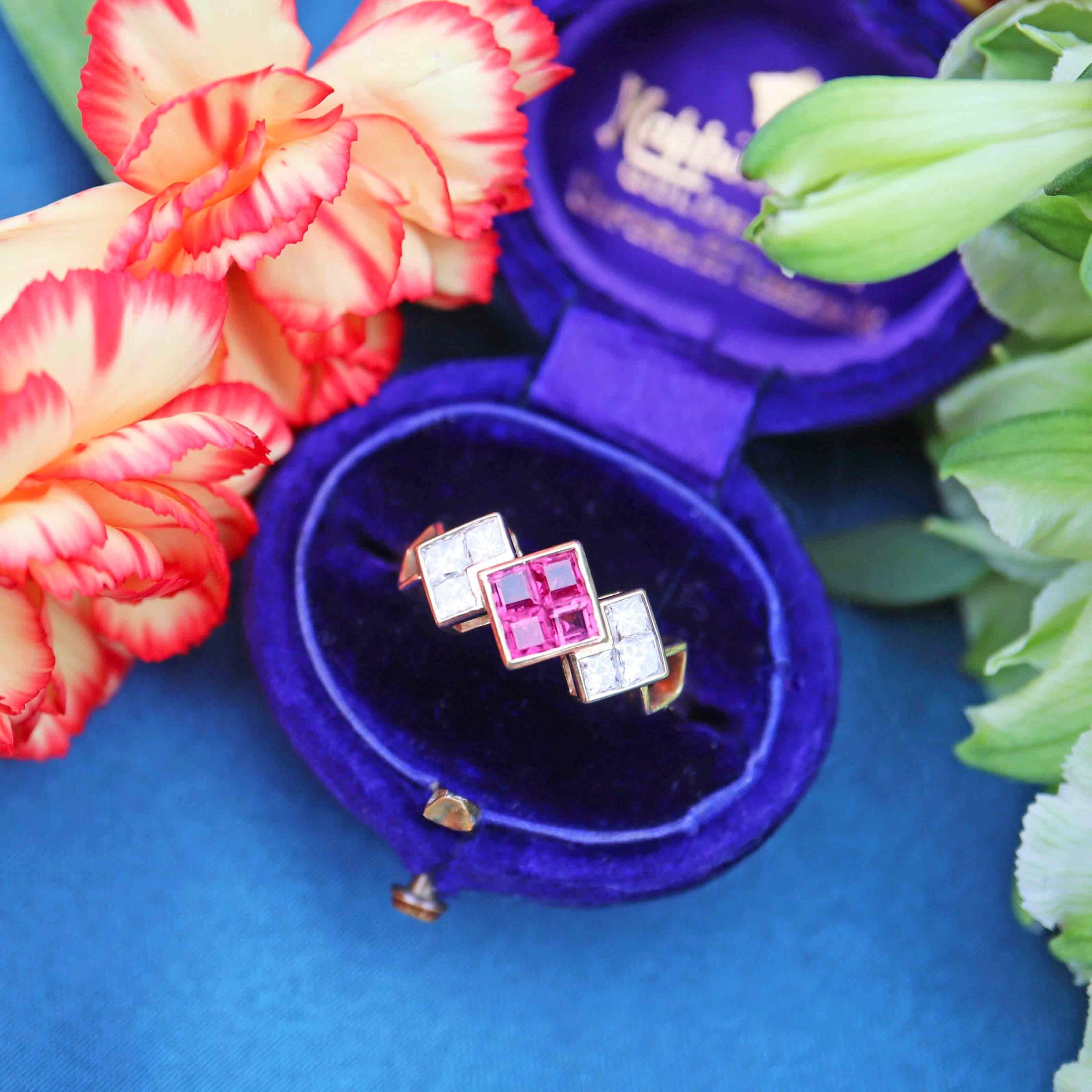 Ellibelle Jewellery Vintage 1991 Ruby & Princess-Cut Diamond 18ct Gold Ring