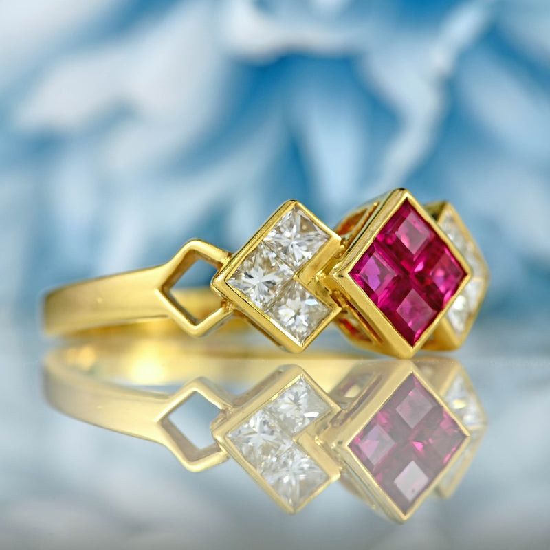 Ellibelle Jewellery Vintage 1991 Ruby & Princess-Cut Diamond 18ct Gold Ring