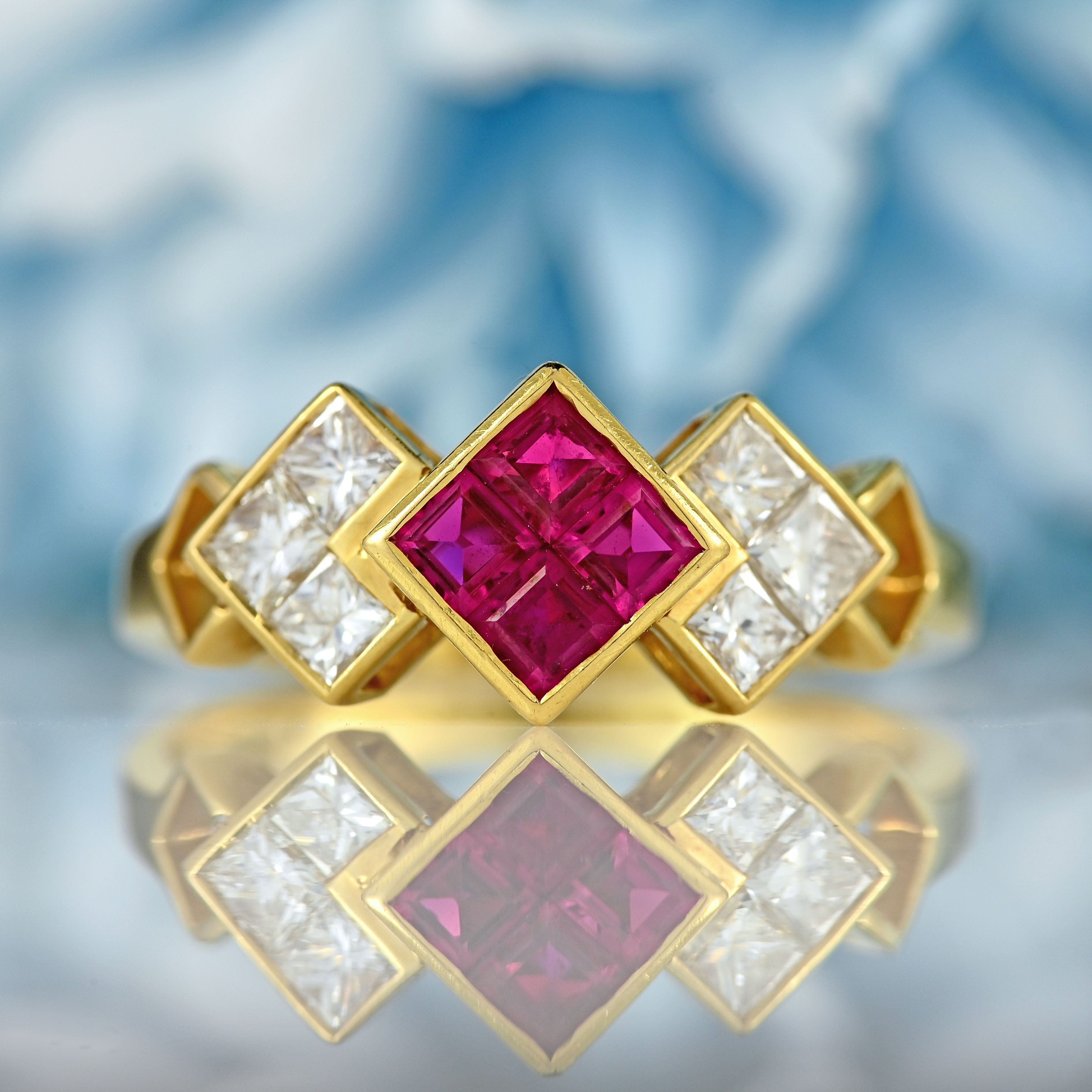 Ellibelle Jewellery Vintage 1991 Ruby & Princess-Cut Diamond 18ct Gold Ring