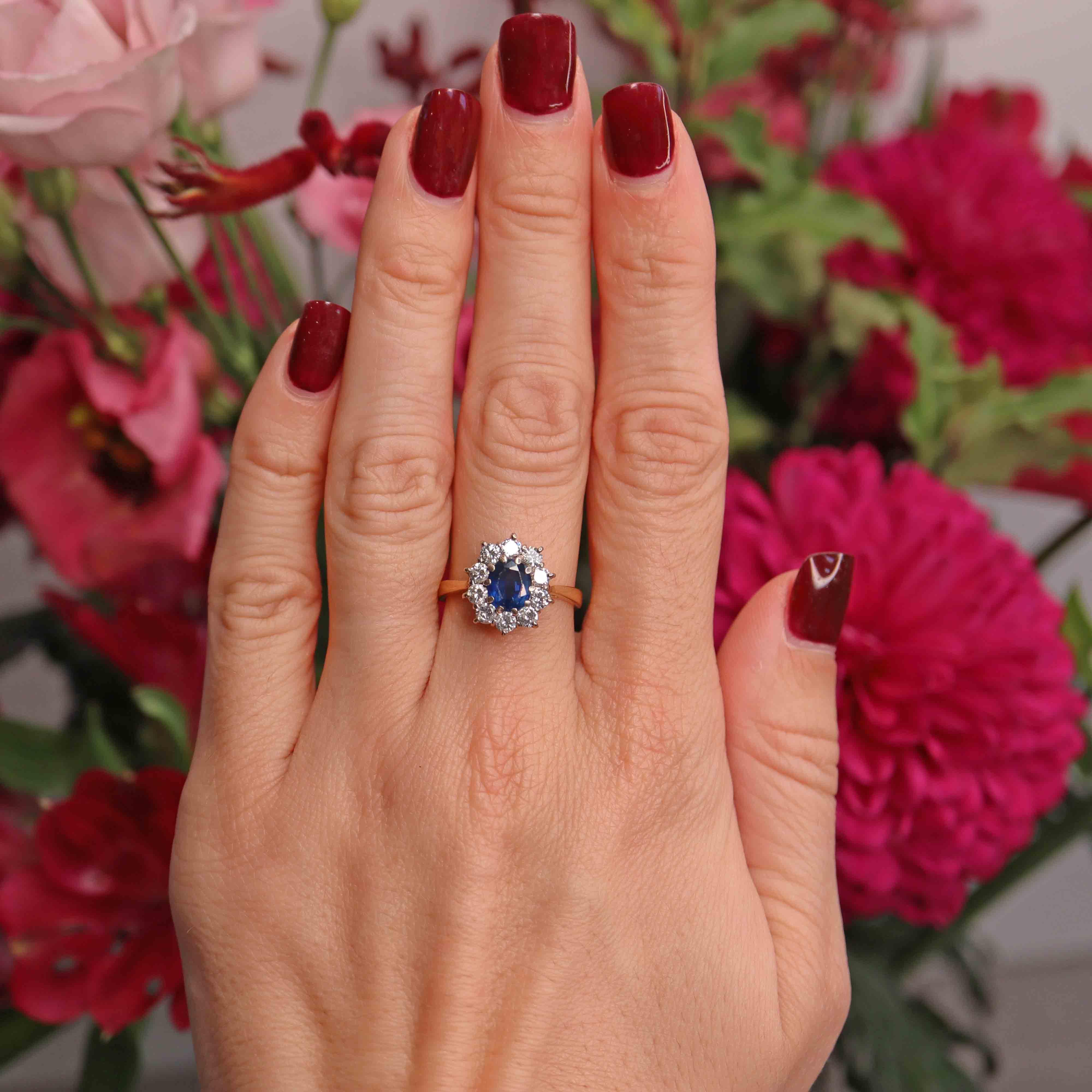 Ellibelle Jewellery Vintage 1991 Sapphire & Diamond 18ct Gold Cluster Engagement Ring